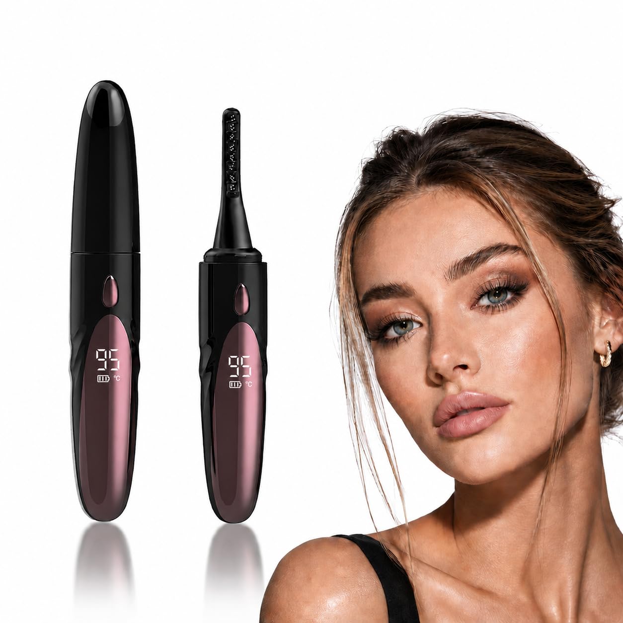 Gacavks electric heated eyelash curler in black with LED display, USB rechargeable, 4 heating modes, fast heat-up, and long-lasting hold.