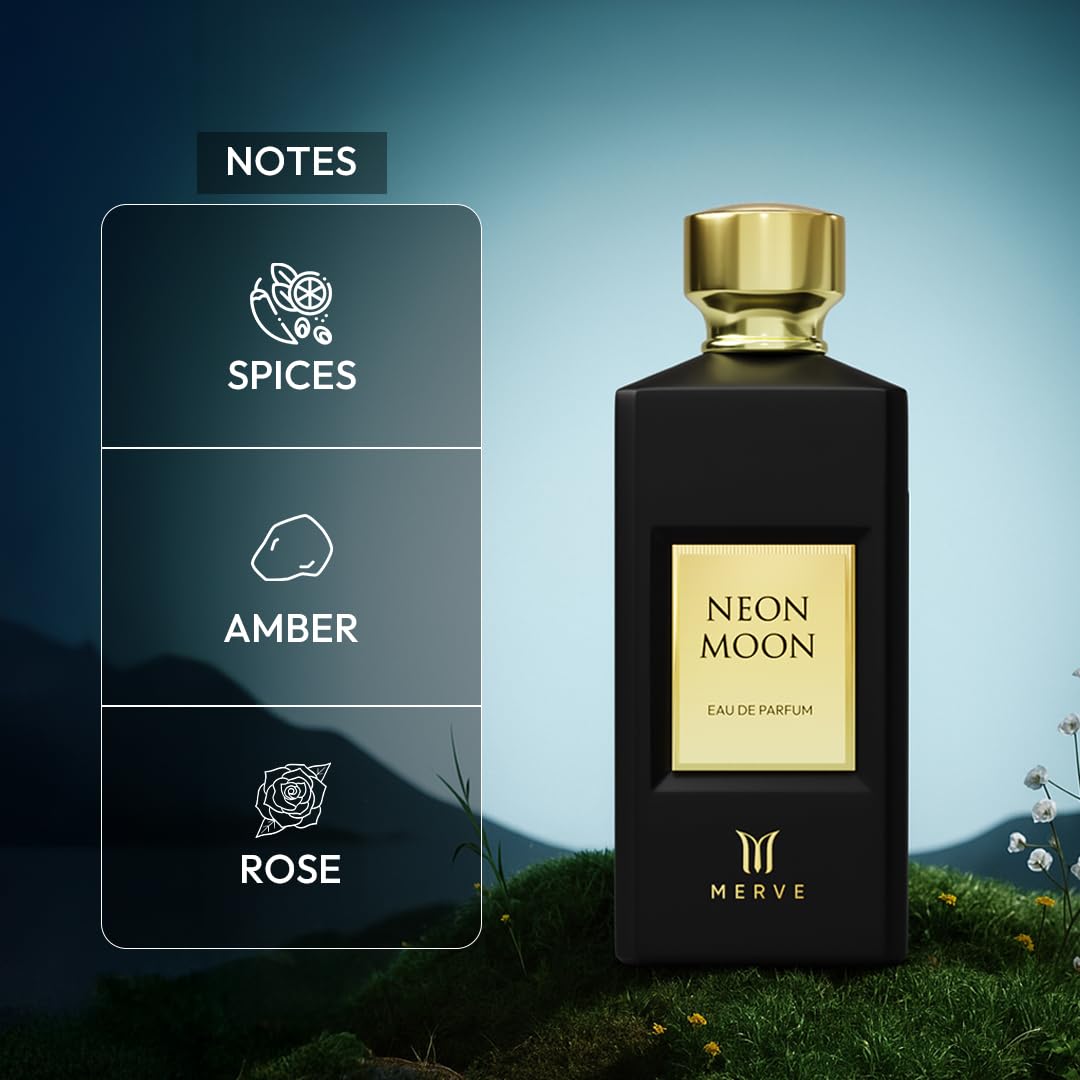 Merve Neon Moon luxury unisex perfume bottle with sleek design and vibrant label, showcasing the premium long-lasting fragrance.