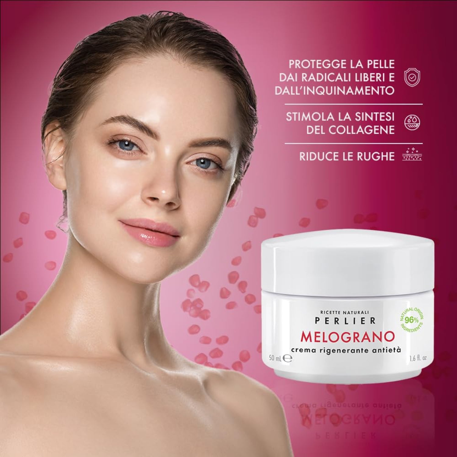 Perlier pomegranate anti-aging face cream in a 1.6 fl oz jar, featuring revitalizing skincare for mature skin