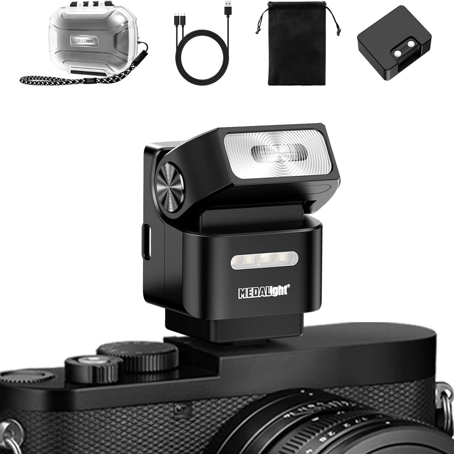 MEDALight F2 Mini Camera Flash with 2.4GHz wireless off-camera flash system, compact design, and adjustable settings.