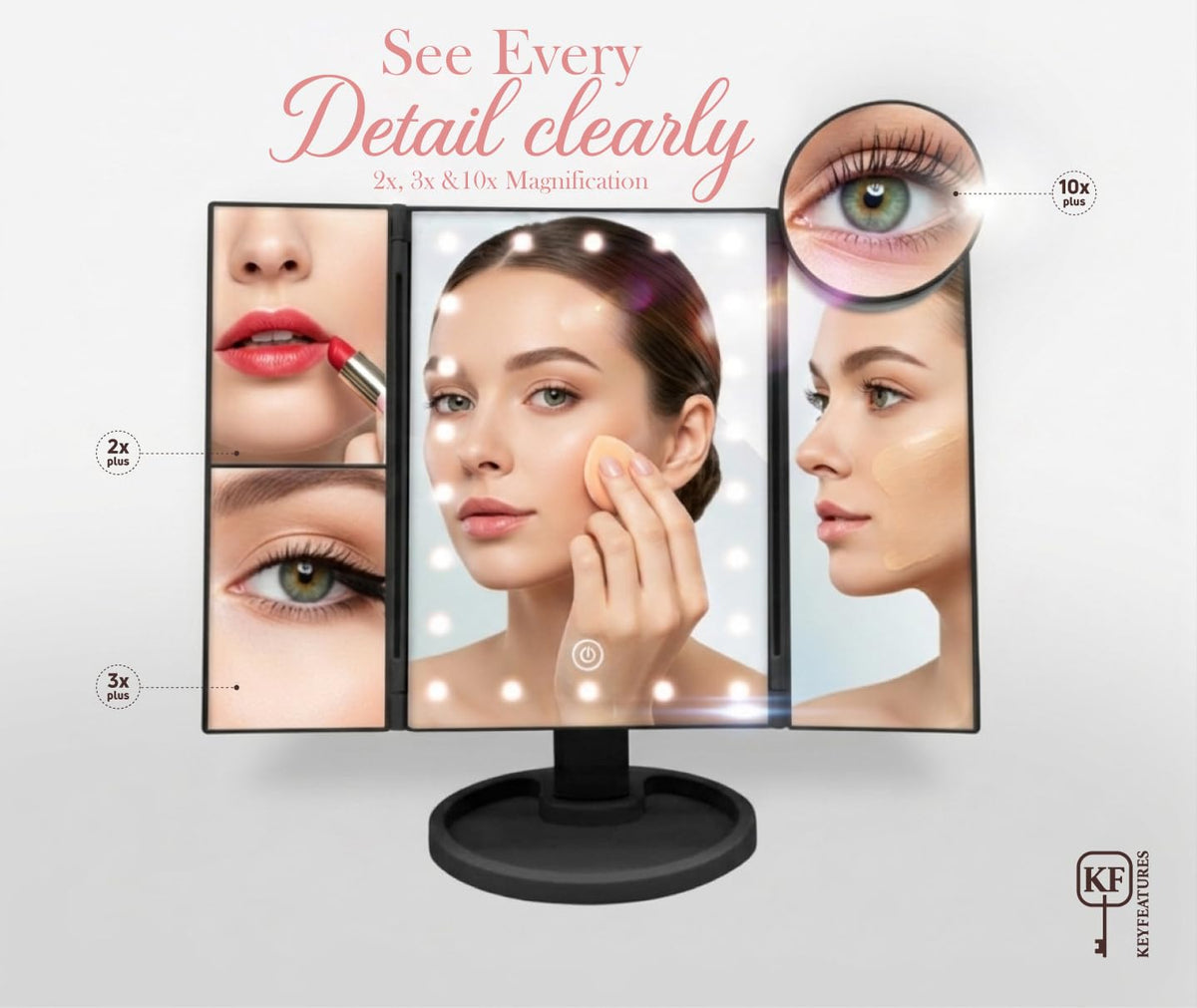 KEYFEATURES Lighted Makeup Mirror Trifold Vanity Mirror with - KEYFEATURES Official Imagery - 5