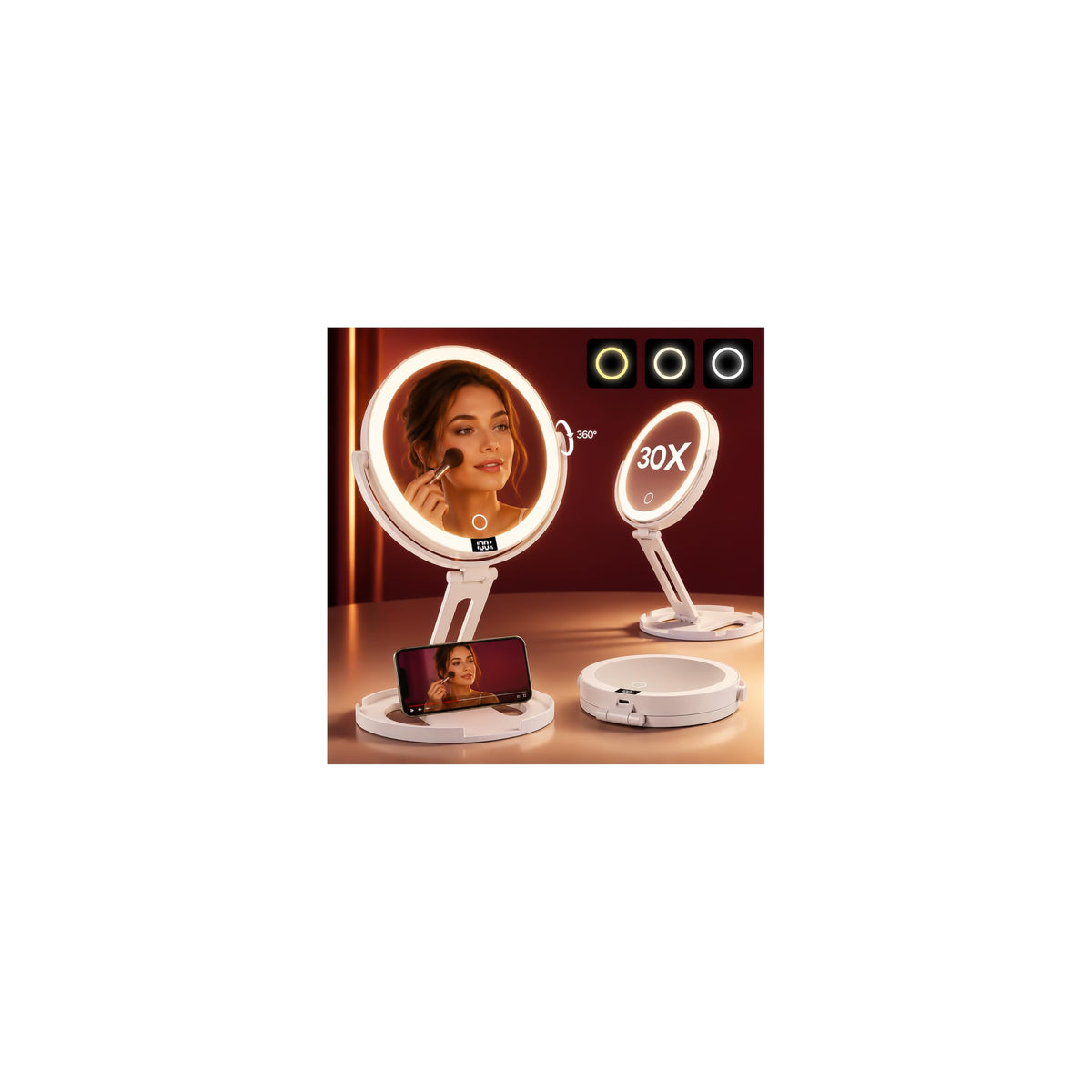 Travel Makeup Mirror with Lights 1X 30X Double Sided - Velmelle Official Imagery - 1