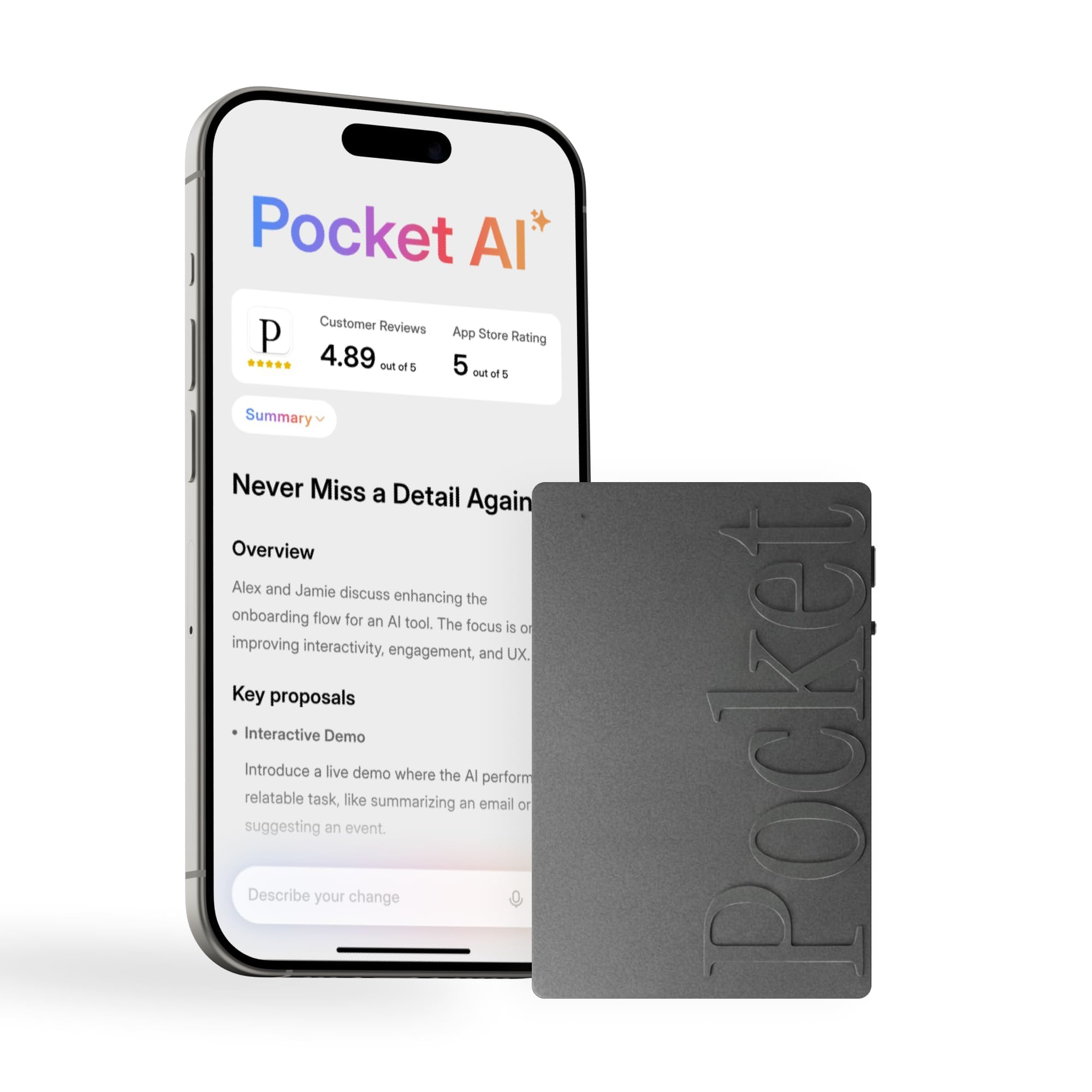 Pocket AI Voice Recorder, Auto Transcription, AI Note Taker, Spac by Pocket - Angle View 1