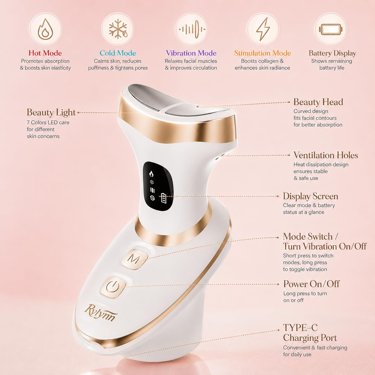 Rylynn Cold Heat Facial Body Massager, Wide-Curved Sculpting Tool for Face Depuffing, Neck and Chest Lifting, 7 Modes Smart Touch Vibration with Red Light for Lymphatic Drainage