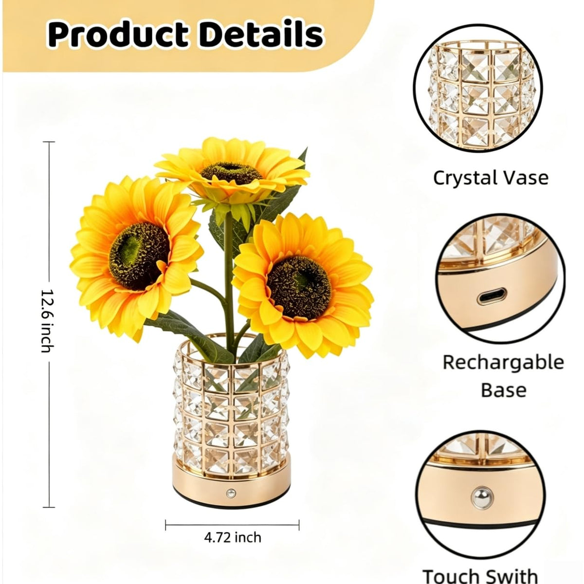 Sunflower Lamp 4000mAh Rechargeable Cordless 3 Color Touch - Komothala Official Imagery - 5