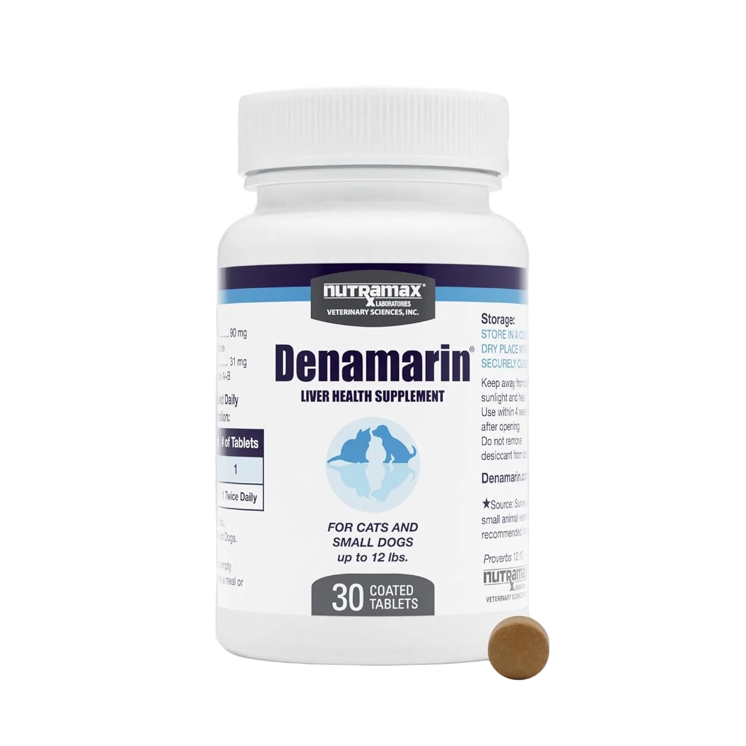 Nutramax Laboratories Denamarin liver health supplement for small dogs and cats, featuring supplement tablets in a clear container.