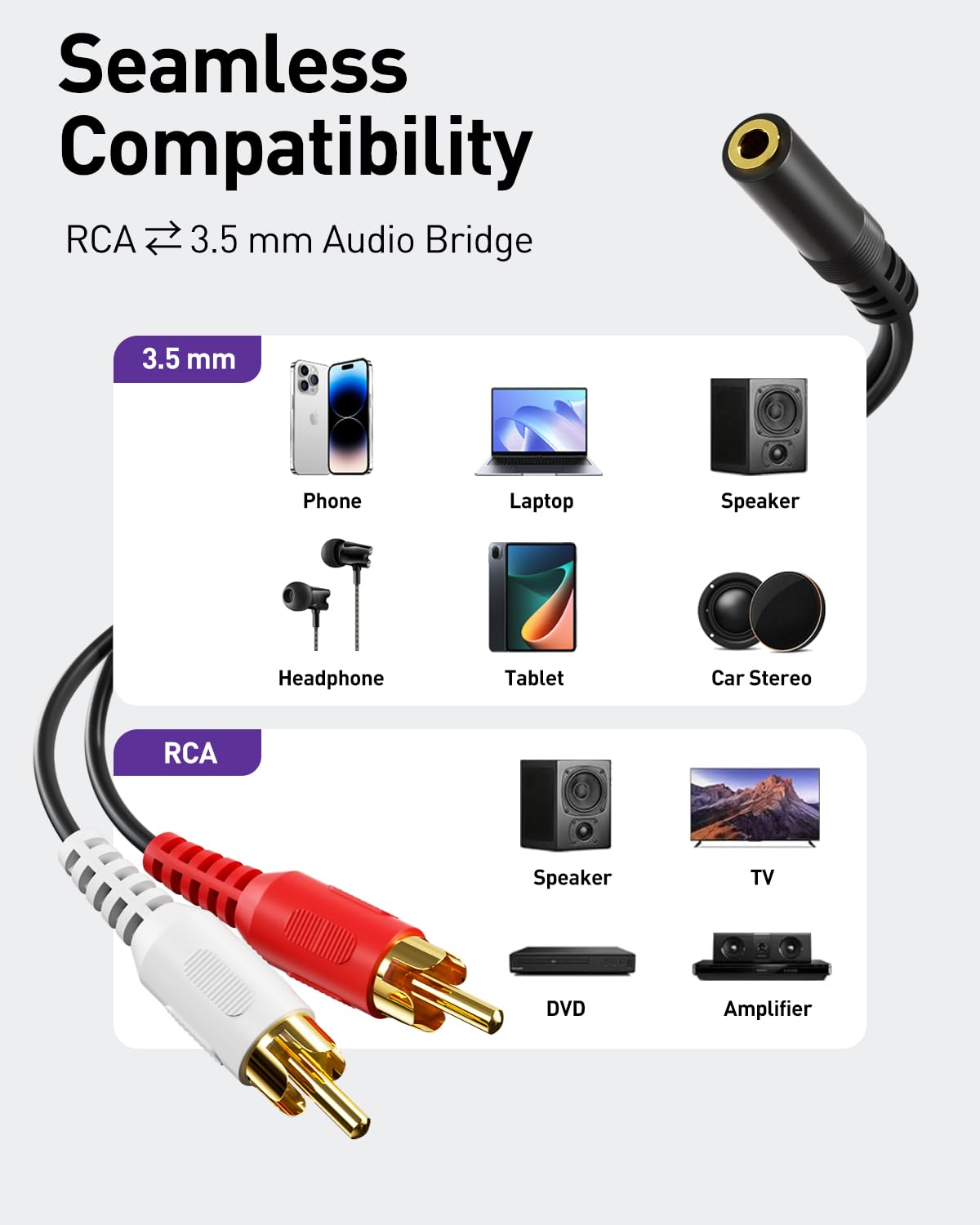 VCE 3.5mm to RCA Splitter, Gold Plated Male Stereo Audio Y Cable, by VCE - Angle View 3