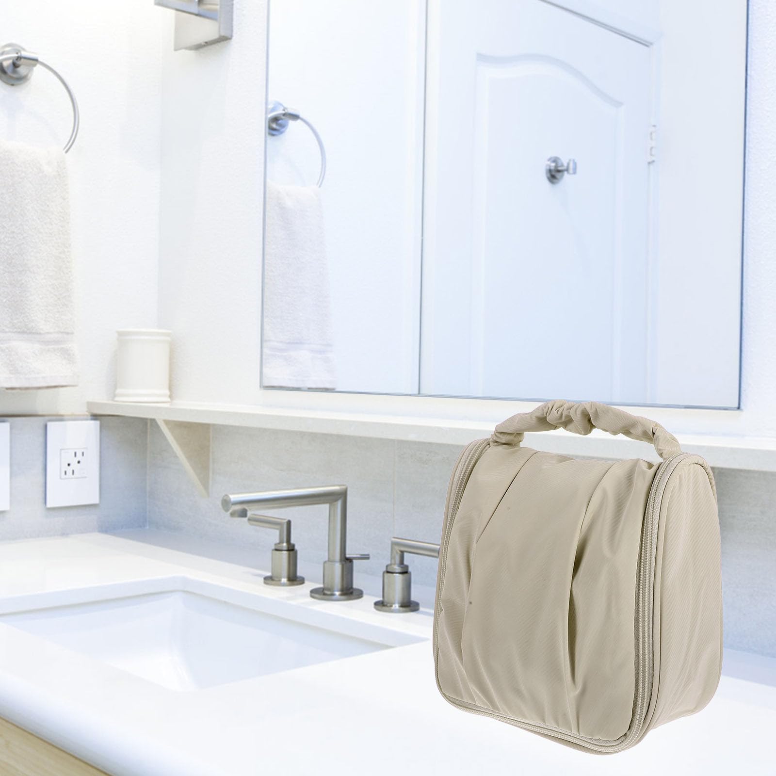 TOVINANNA large waterproof travel toiletry bag with multiple compartments for cosmetics and personal items.