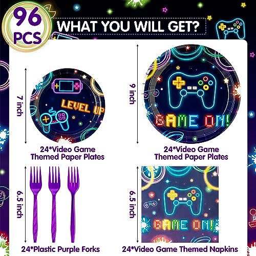 96Pcs Video Game Party Plates Supplies Neon Game On Party - Product Imagery