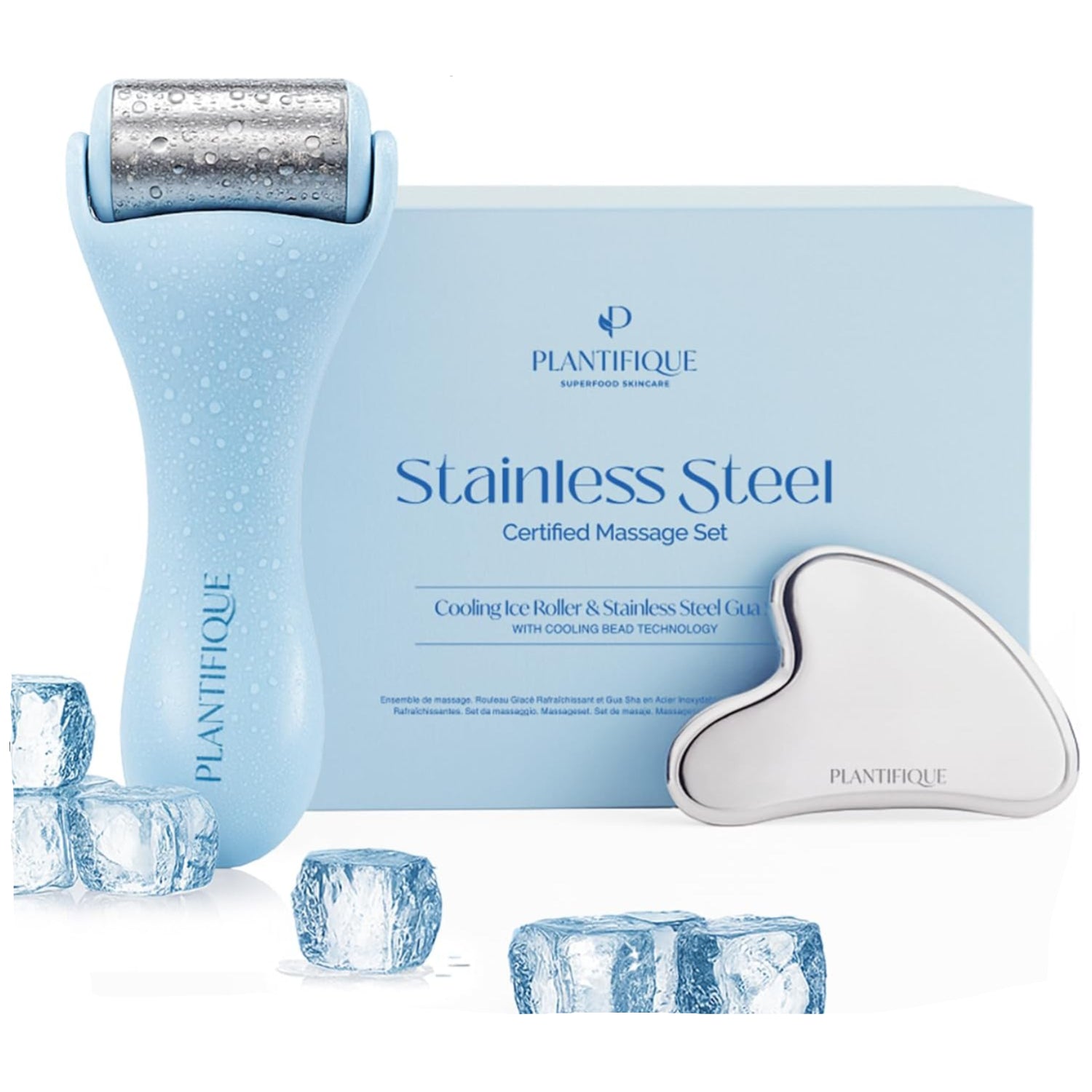 PLANTIFIQUE facial ice roller and stainless steel Gua Sha set for skincare, featuring a soothing ice roller and massage tool.