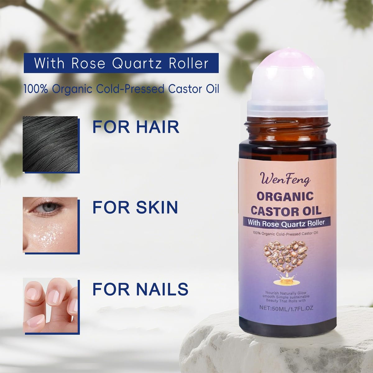WenFeng Organic Castor Oil Roll On with Rose Quartz Roller Ball - WenFeng Official Product View 4
