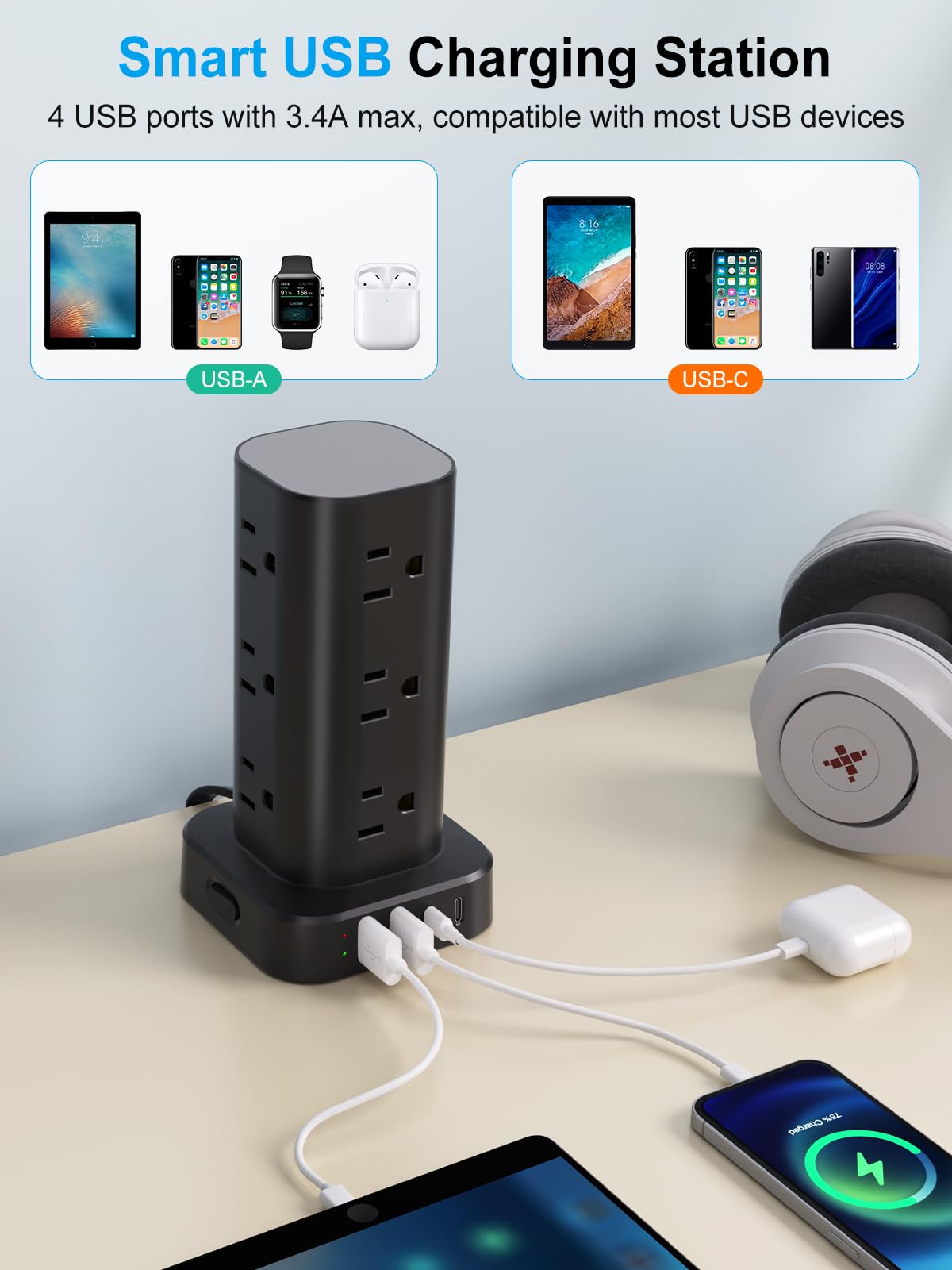 6FT Power Strip Tower with Wireless Charger Surge Protector - UWIWUTEI Official Imagery - 6