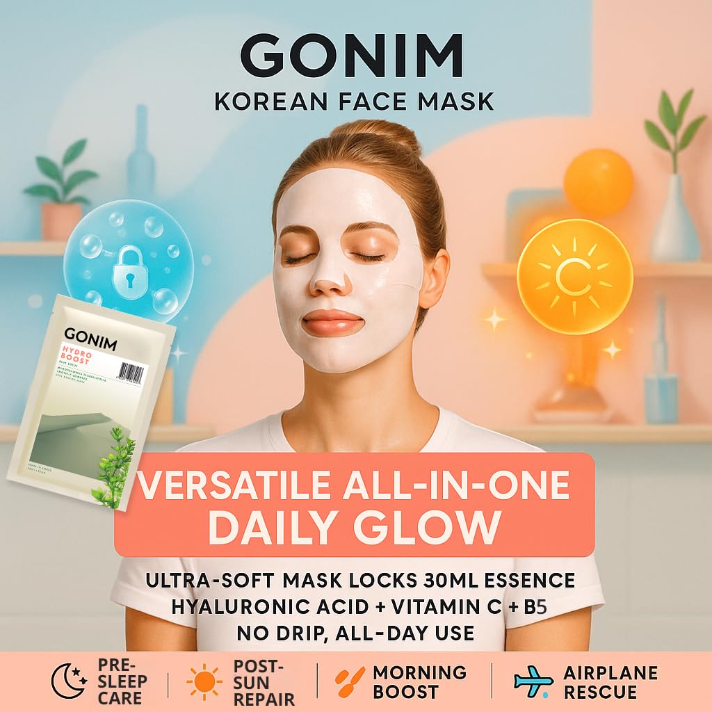 Korean Face Mask, Hydrating Sheet Mask with Hyaluronic Acid Serum - GONIM