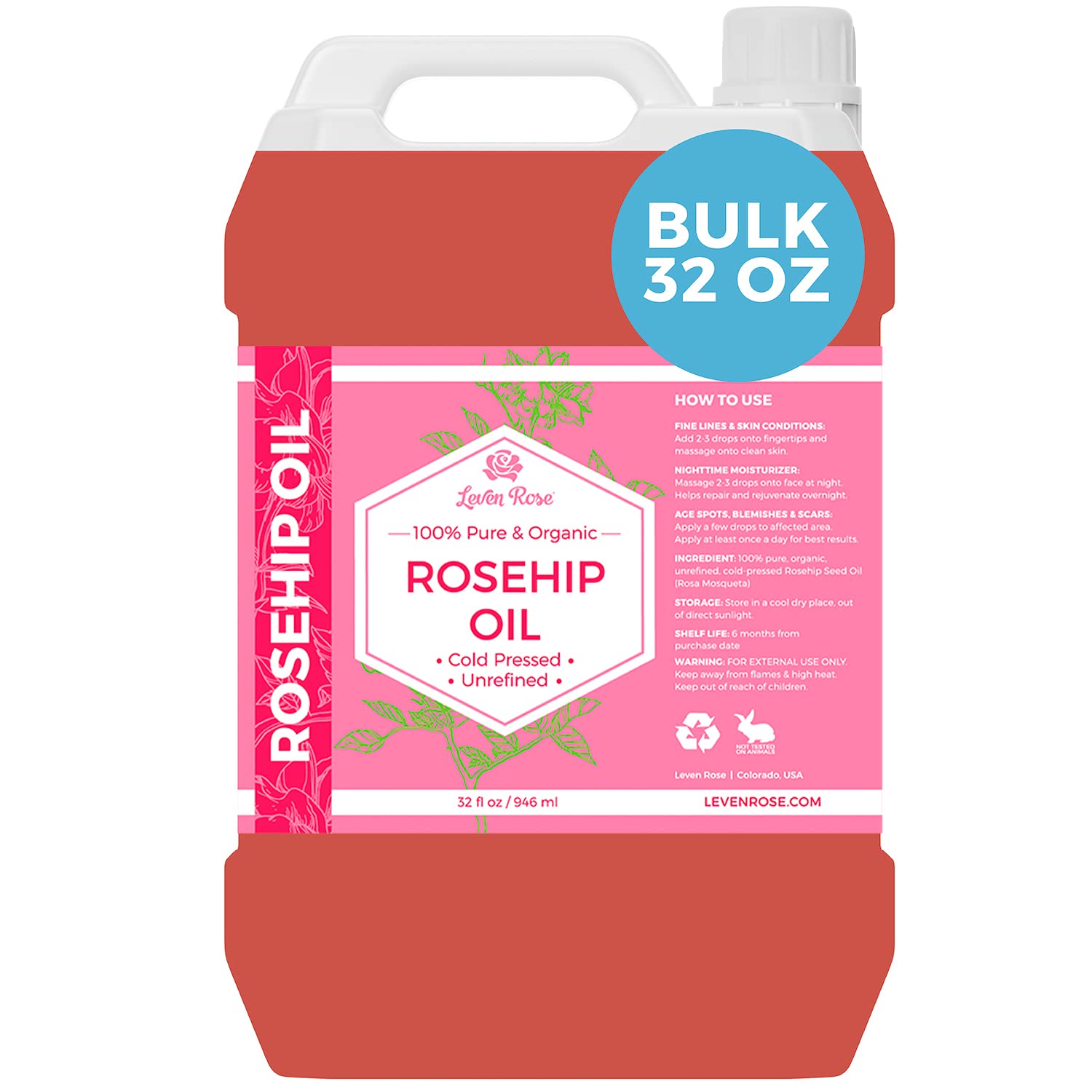 Leven Rose Rosehip Seed Oil - Pure Cold Pressed Oil for Face & Body - Leven Rose Official Product View 1