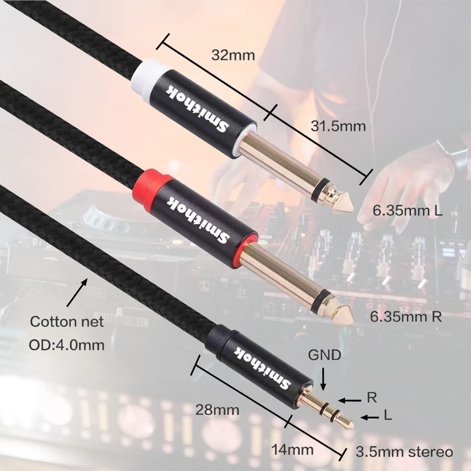 Smithok 2pack 6.6Ft 3.5mm TRS to Dual 6.35mm Stereo Cable 1/8 TRS by Smithok - Angle View 3