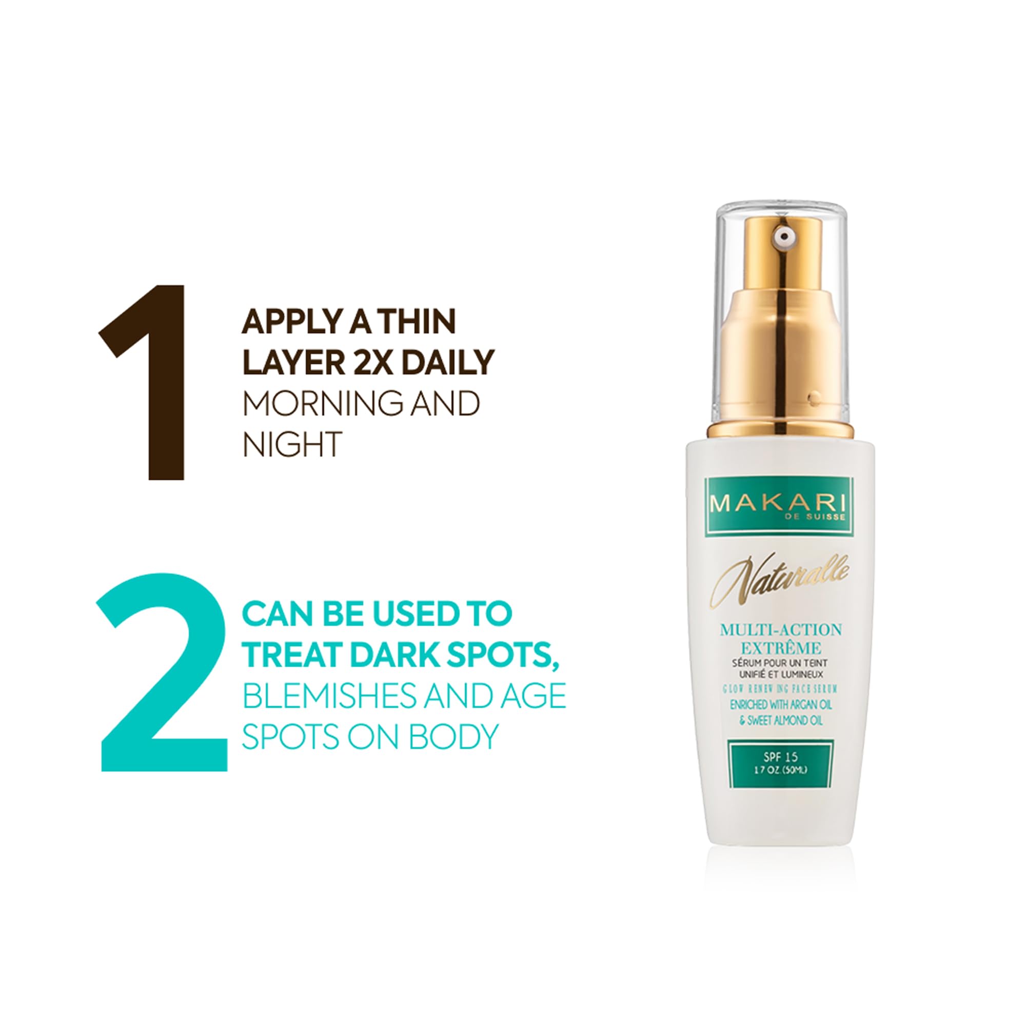 Makari Naturalle Multi-Action Extreme Brightening Serum (1.7 oz) | Brightening-Inspired Serum for Uneven Areas | Moisturizing Formula for Dry & Irritated Skin with Argan Oil & SPF15