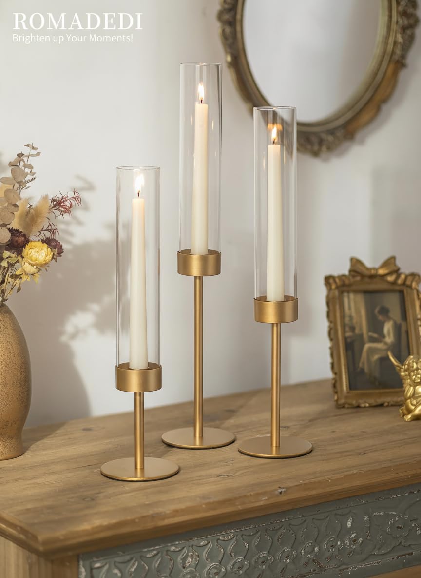 Romadedi Glass Hurricane Candle Holders for Candlestick Gold - Romadedi Official Imagery - 3