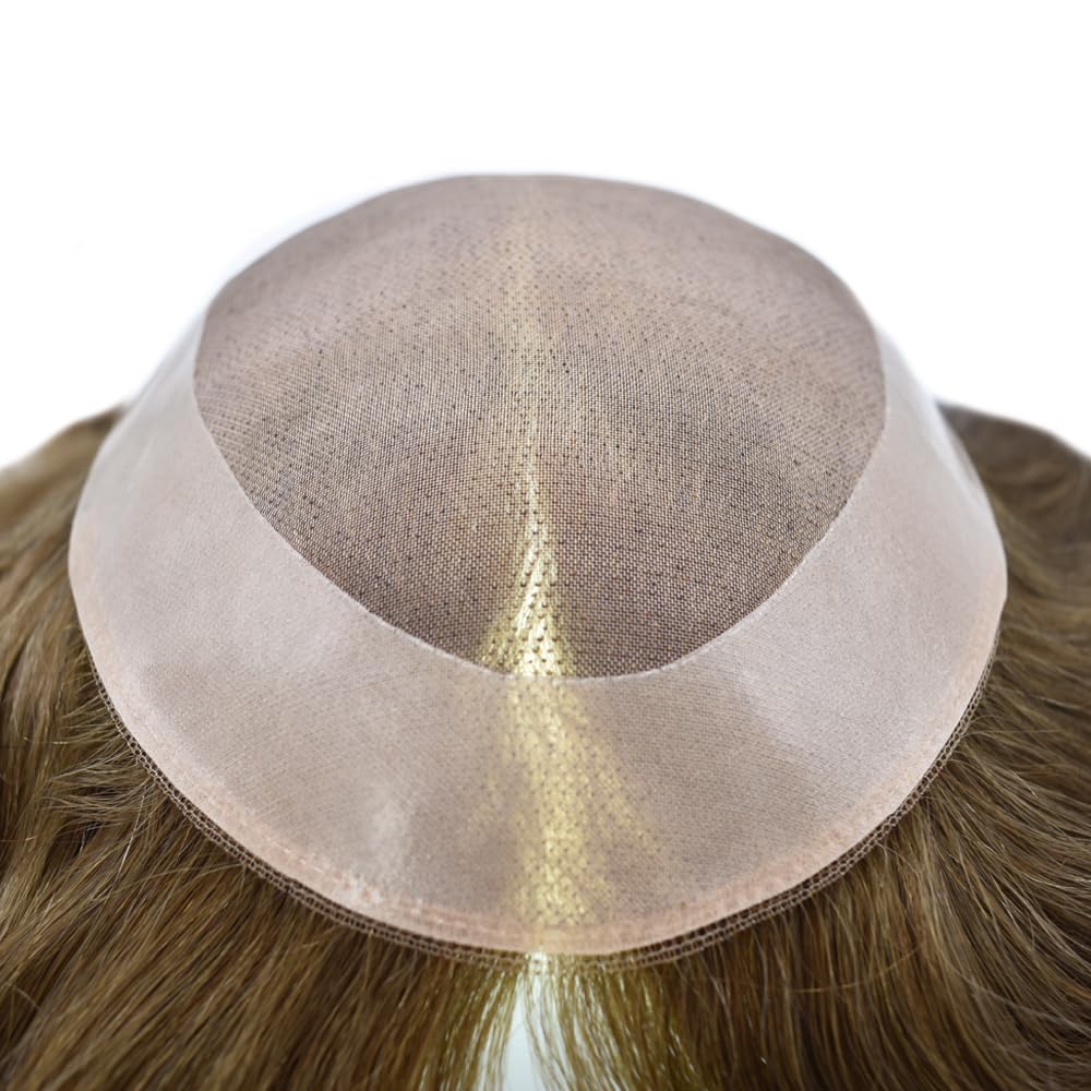 Curve Hair Mens Toupee Human Hair Piece Replacement System Monofilament Wig Hair Unit for Men Durable Poly Coated Mens Hairpiece (#17R Brown/Blonde Mix Warm Tone, 6"X8")