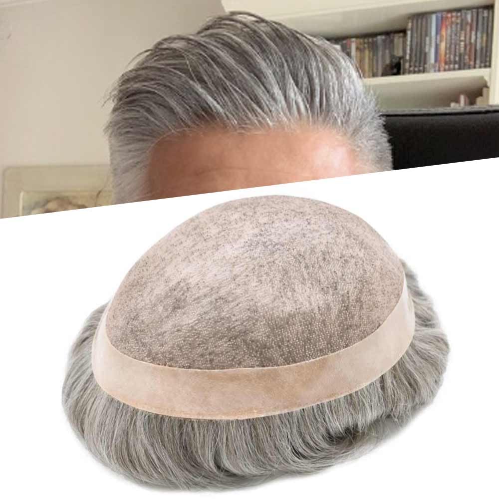 Curve Hair Mens Toupee Human Hair Piece Replacement System Monofilament Wig Hair Unit for Men Durable Poly Coated Mens Hairpiece (#1B80 Off Black+80% Gray, 6"X9")