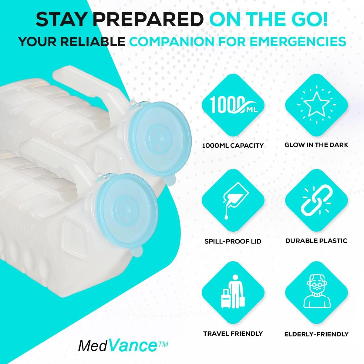 MedVance 1000ml portable men's urinal bottles, 2-pack with spill-proof design and glow feature for easy use and safety.