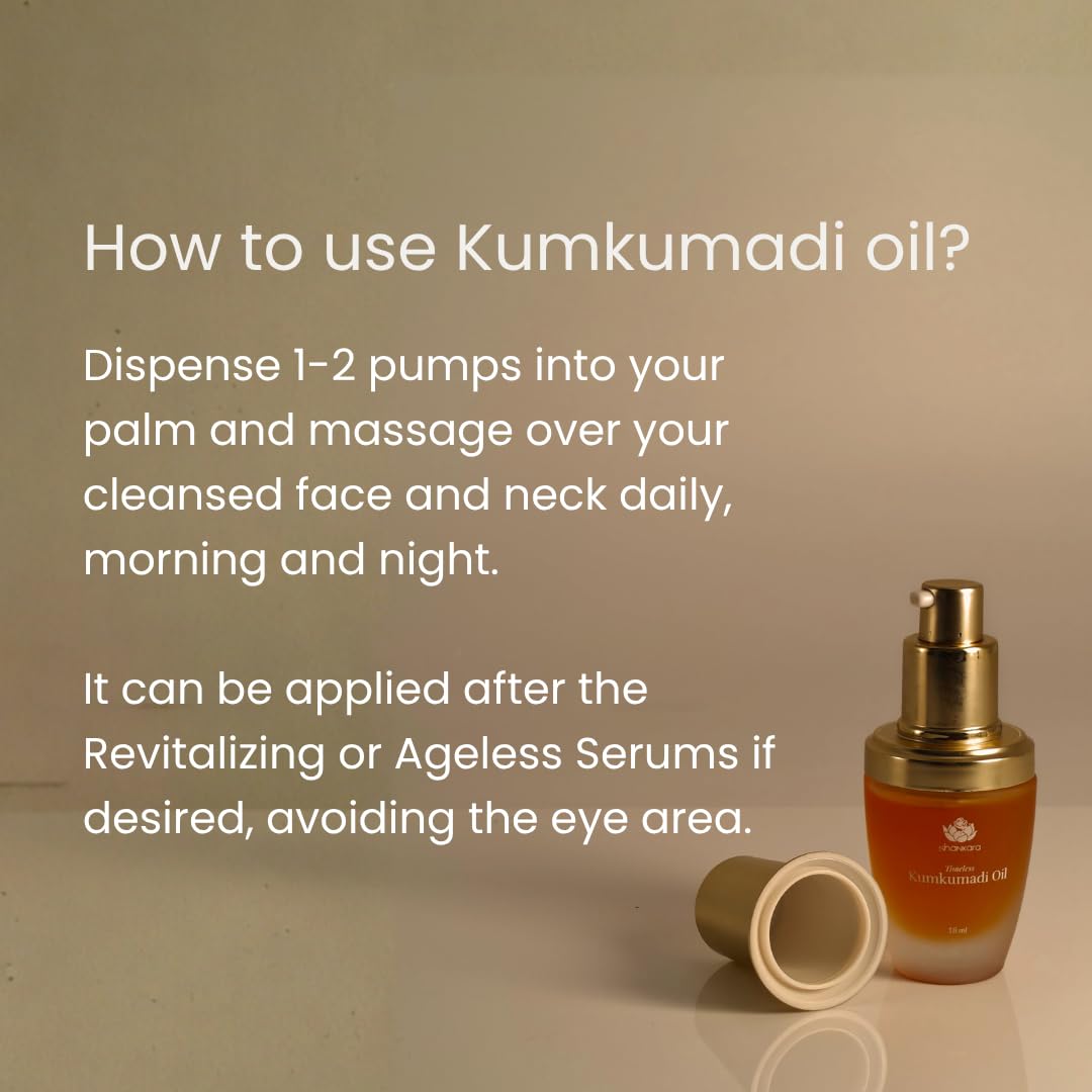 Shankara Kumkumadi Oil for face with pure saffron and 32 Ayurvedic flowers, displayed in a glass bottle with a dropper.