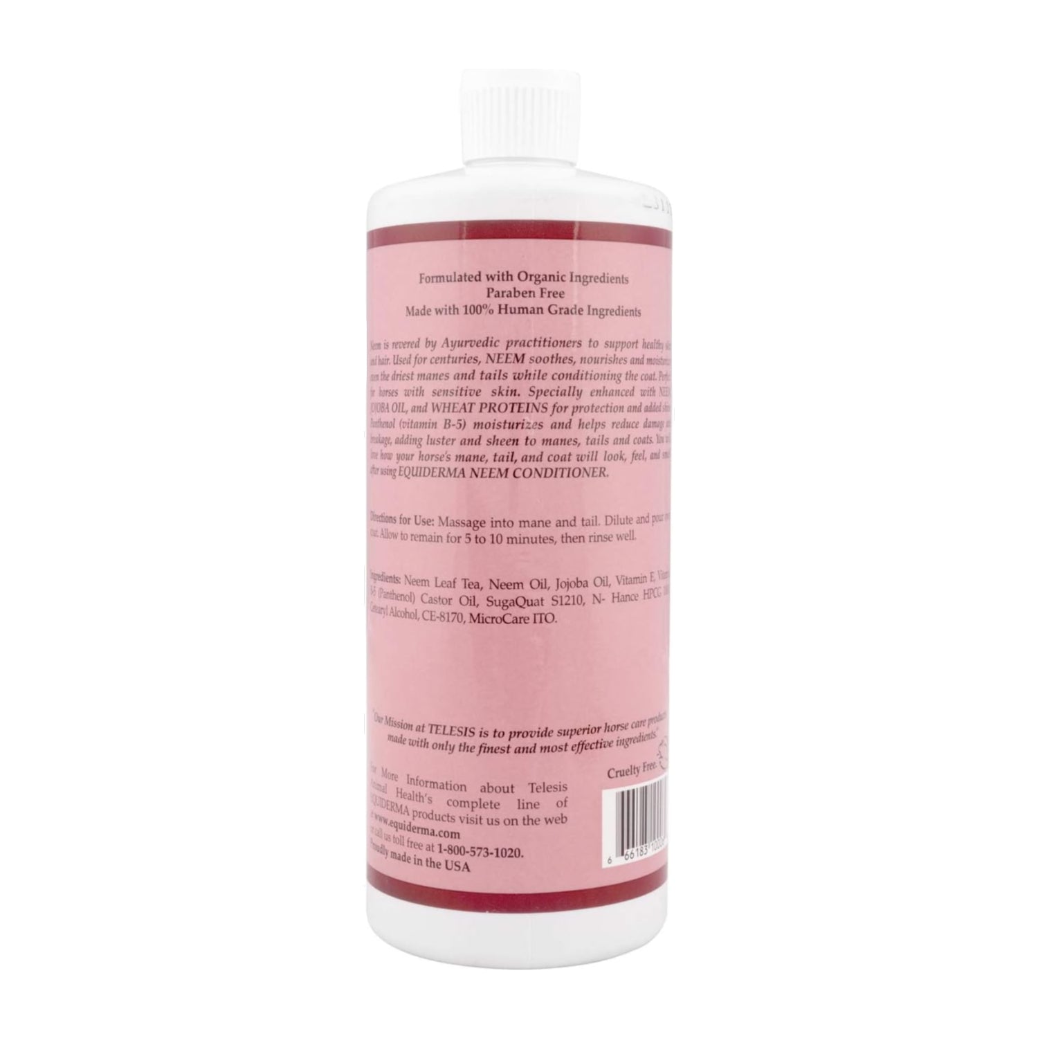 Equiderma Neem Coat Conditioner for horses, 32 oz, featuring neem and castor oil for soft, shiny horse coats.