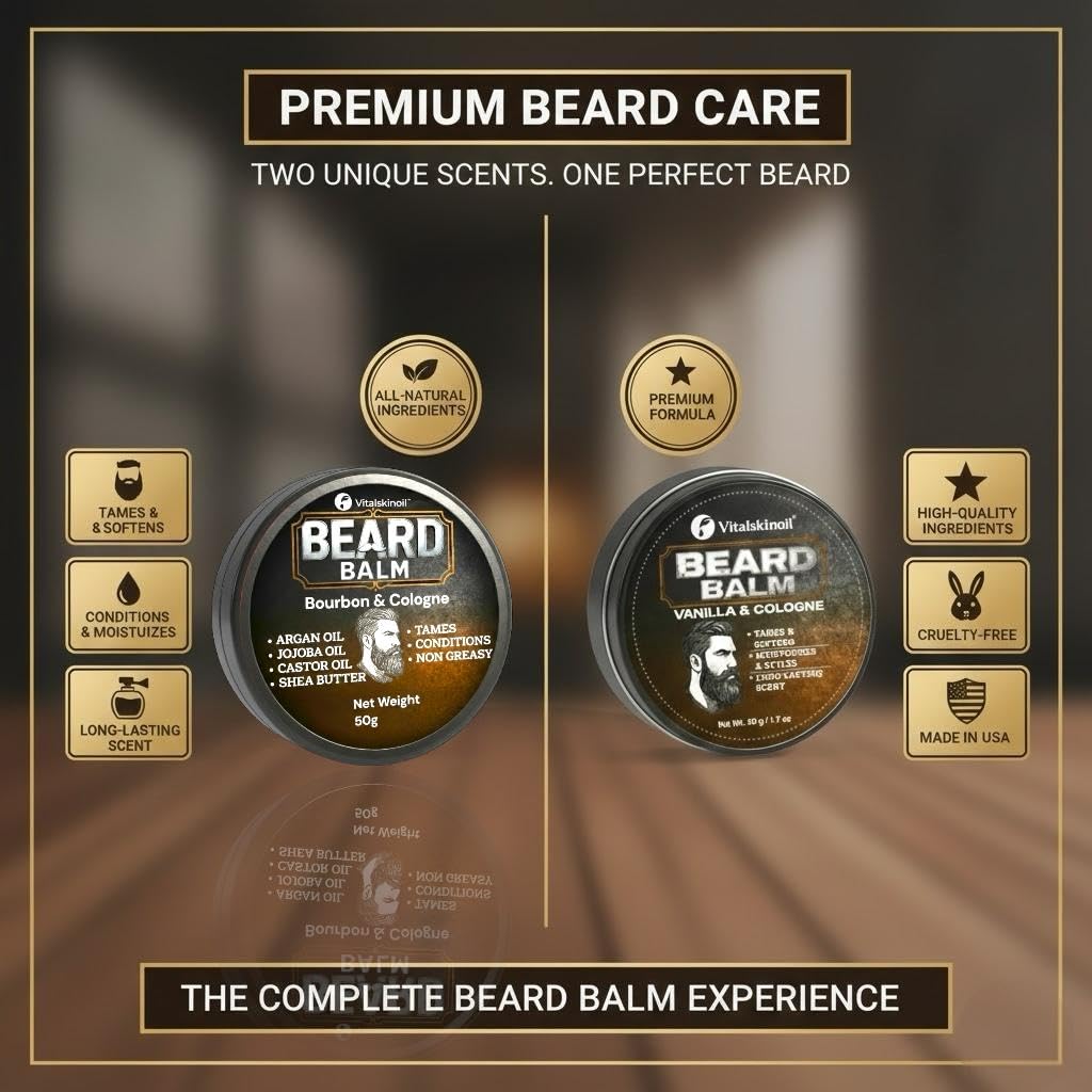Beard Balm Set for Men Sandalwood Cologne Scented 2 Pack Set - VITALSKINOIL Official Imagery - 8