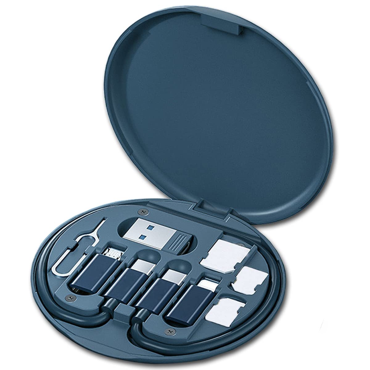 Blue Azvegr multi-USB charging adapter cable kit with USB-C, iOS, micro-USB adapters, data transfer, card storage, and phone holder.