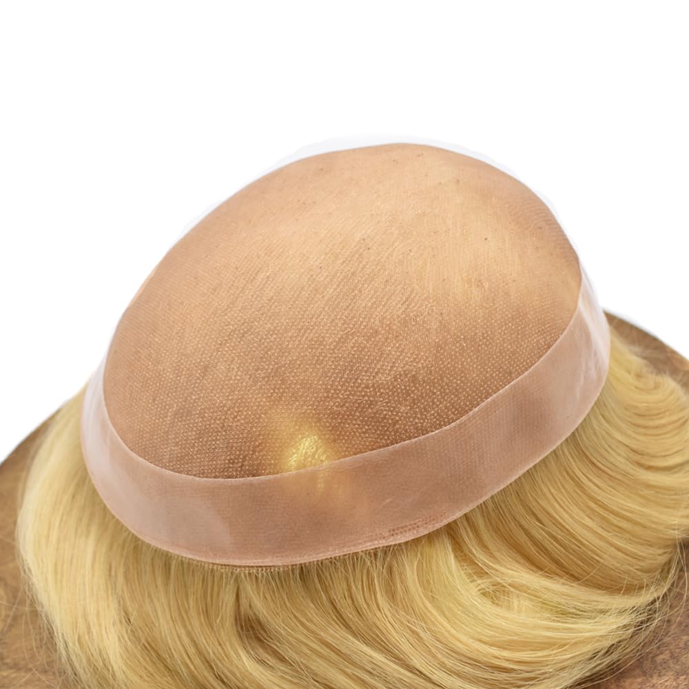 Curve Hair Mens Toupee Human Hair Piece Replacement System Monofilament Wig Hair Unit for Men Durable Poly Coated Mens Hairpiece (#22R Light Blonde, 7"X10")