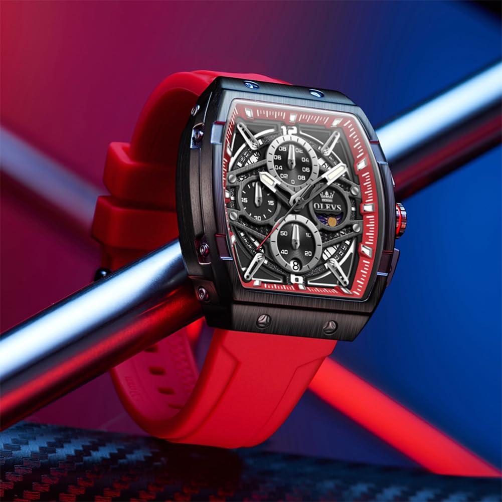 OLEVS Men's Square Chronograph Watch – Red Silicone