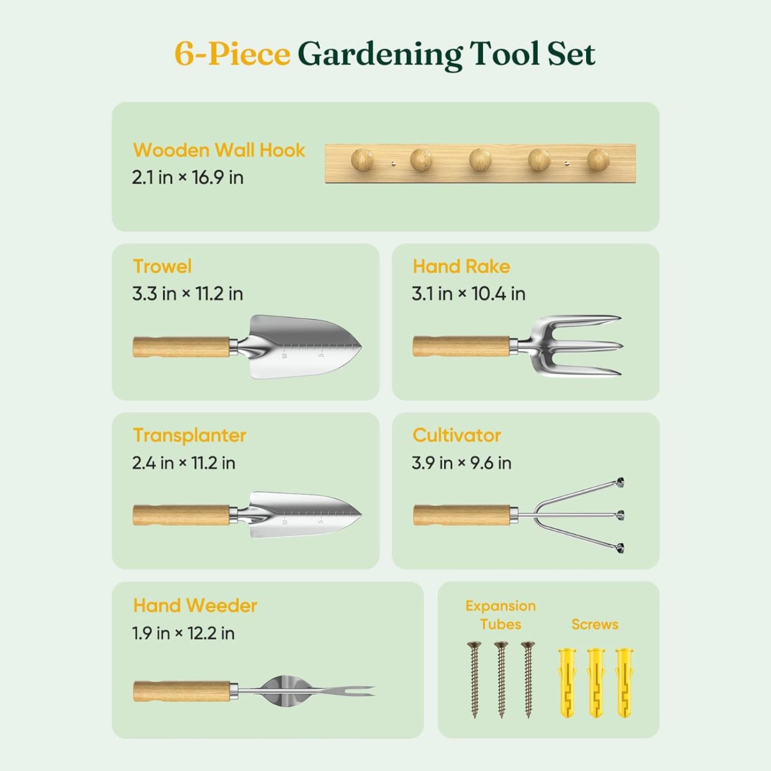 Grenebo wood wall hooks organizer with gardening tools set, includes six metal hooks and gardening tools for outdoor gardening tasks.