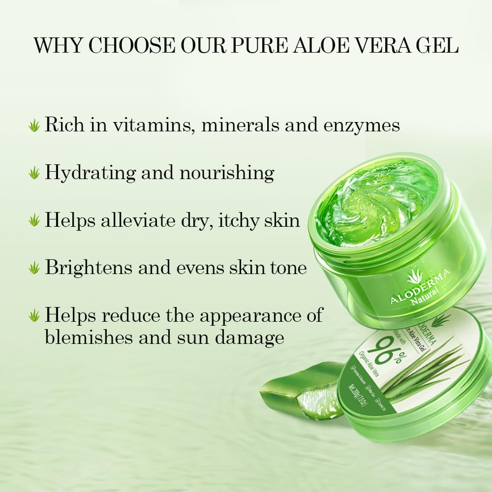 Aloderma Organic Aloe Vera Gel in a 7.05oz jar, natural skin, hair, and scalp moisturizer with fresh aloe vera leaves.