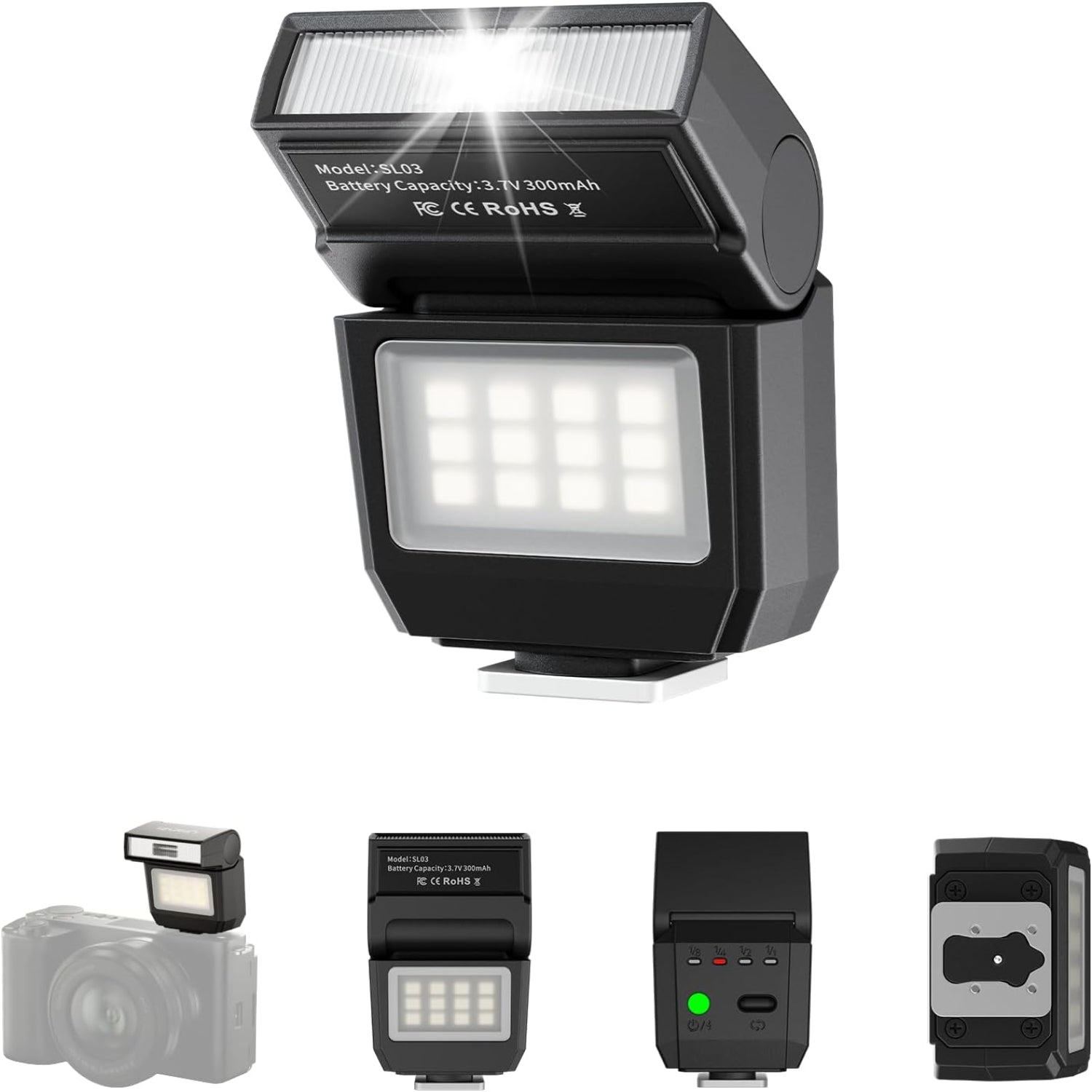 ULANZI SL03 mini flash speedlite attached to DSLR camera, compatible with Sony, Canon, Fuji, Nikon for improved lighting.