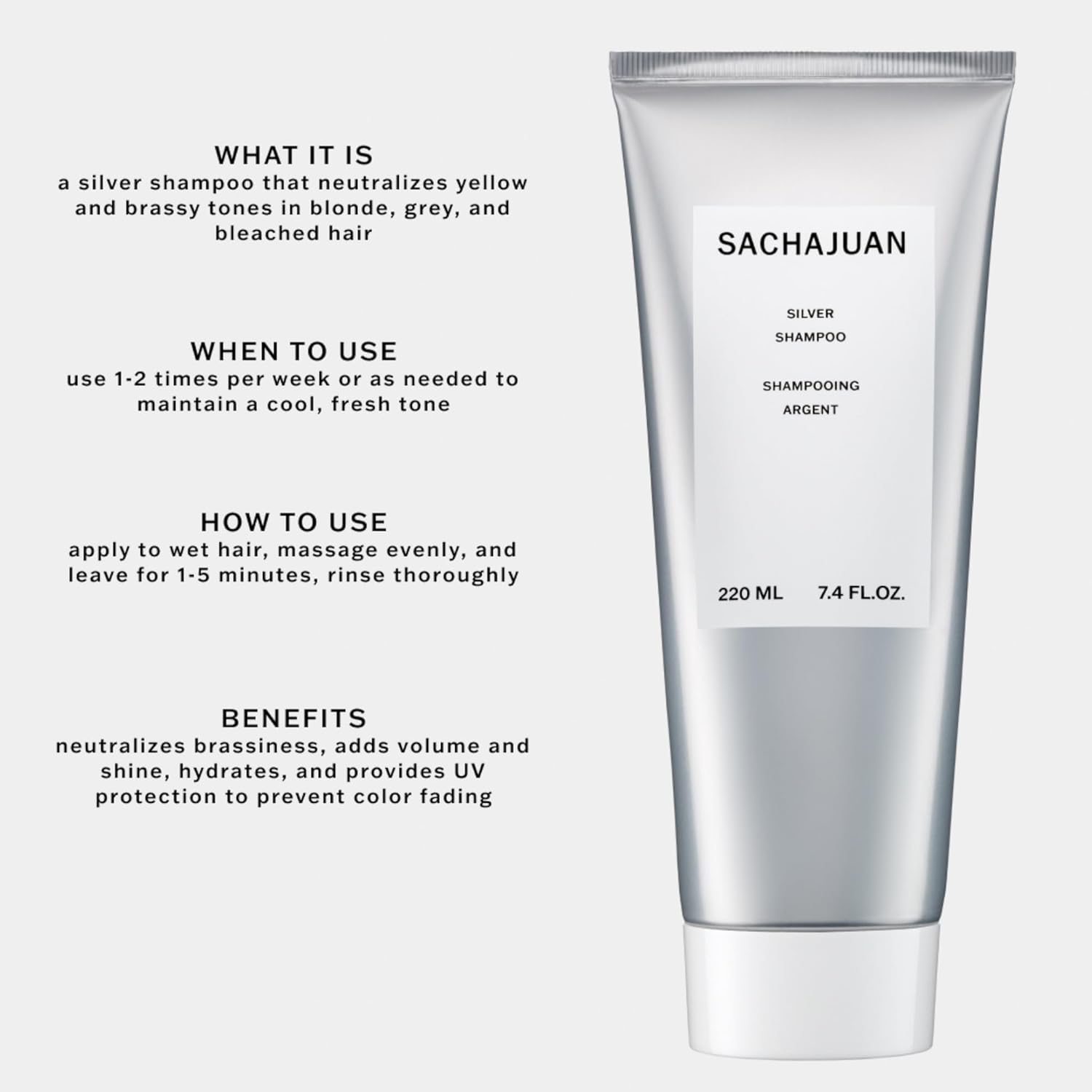 SACHAJUAN Silver Shampoo bottle, purple shampoo for blonde and gray hair, with sleek packaging and minimalist design.