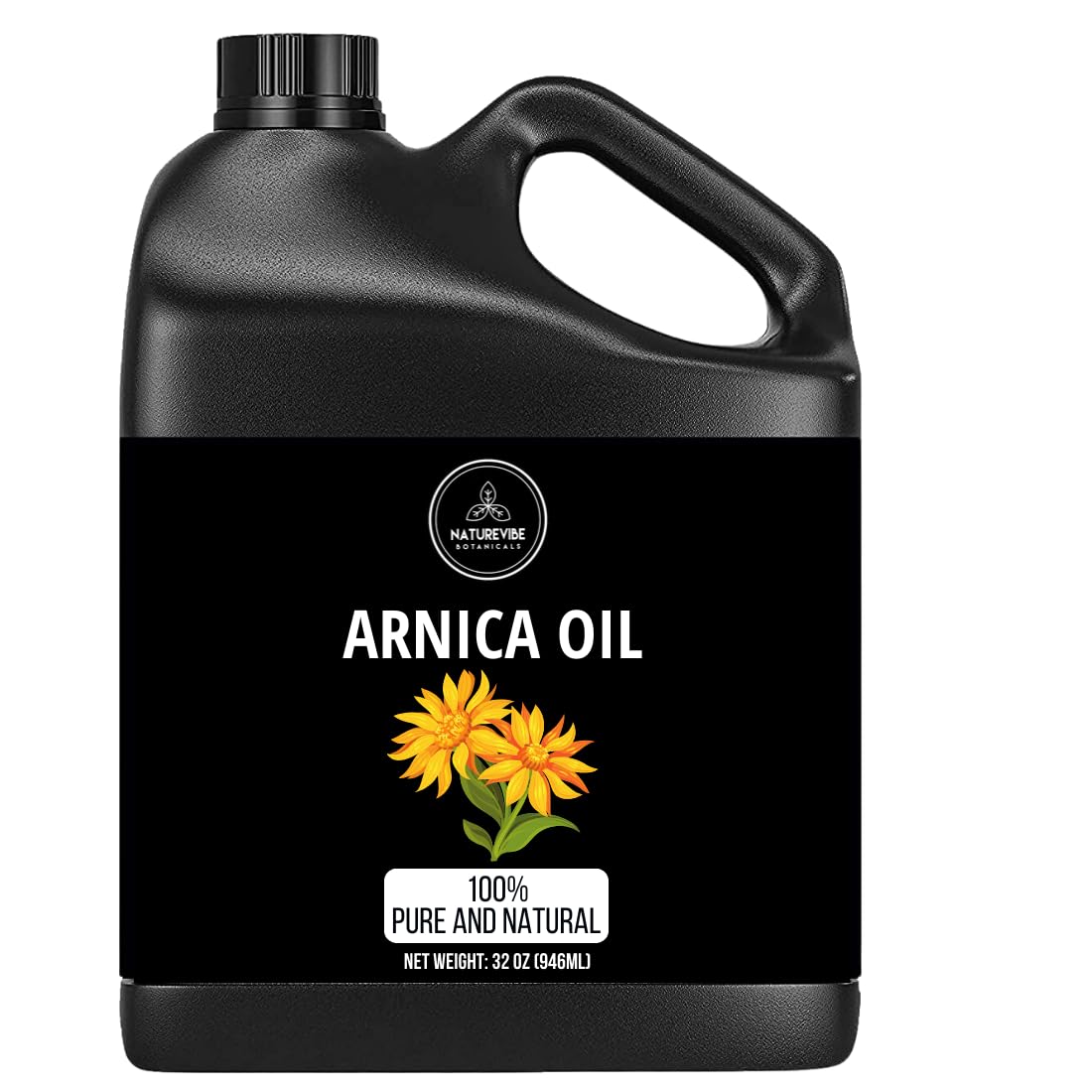 Naturevibe Botanicals Arnica Oil 32 oz bottle, natural skin moisturizer for massage and soothing skin care.