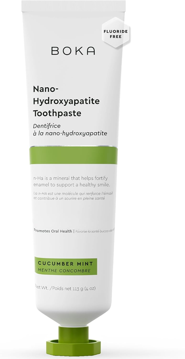 Boka fluoride-free toothpaste with nano hydroxyapatite for sensitive teeth, featuring a white tube with blue and green accents.