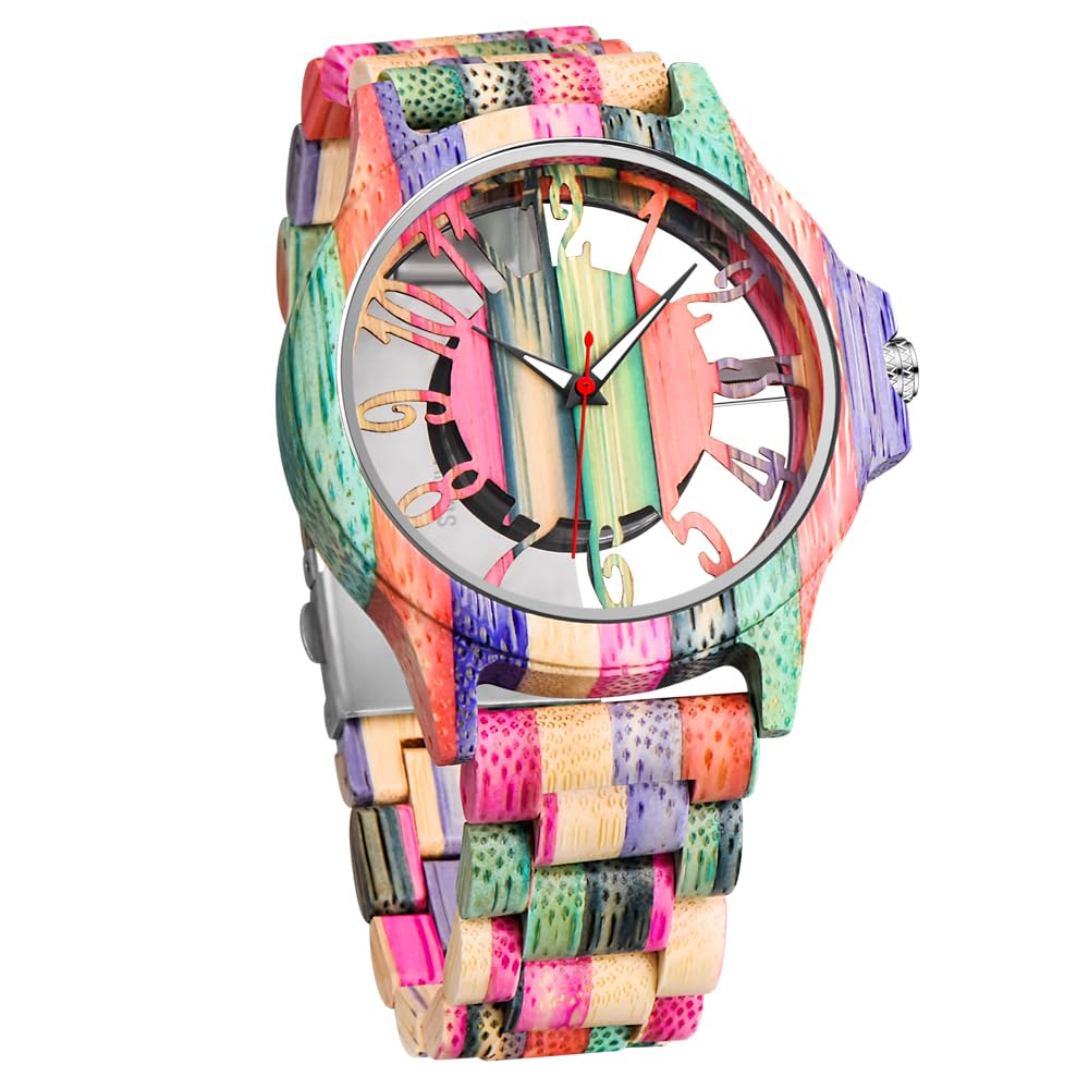 Wooden Watches for Men Handmade Colorful Bamboo Engraved Wood - Product Imagery