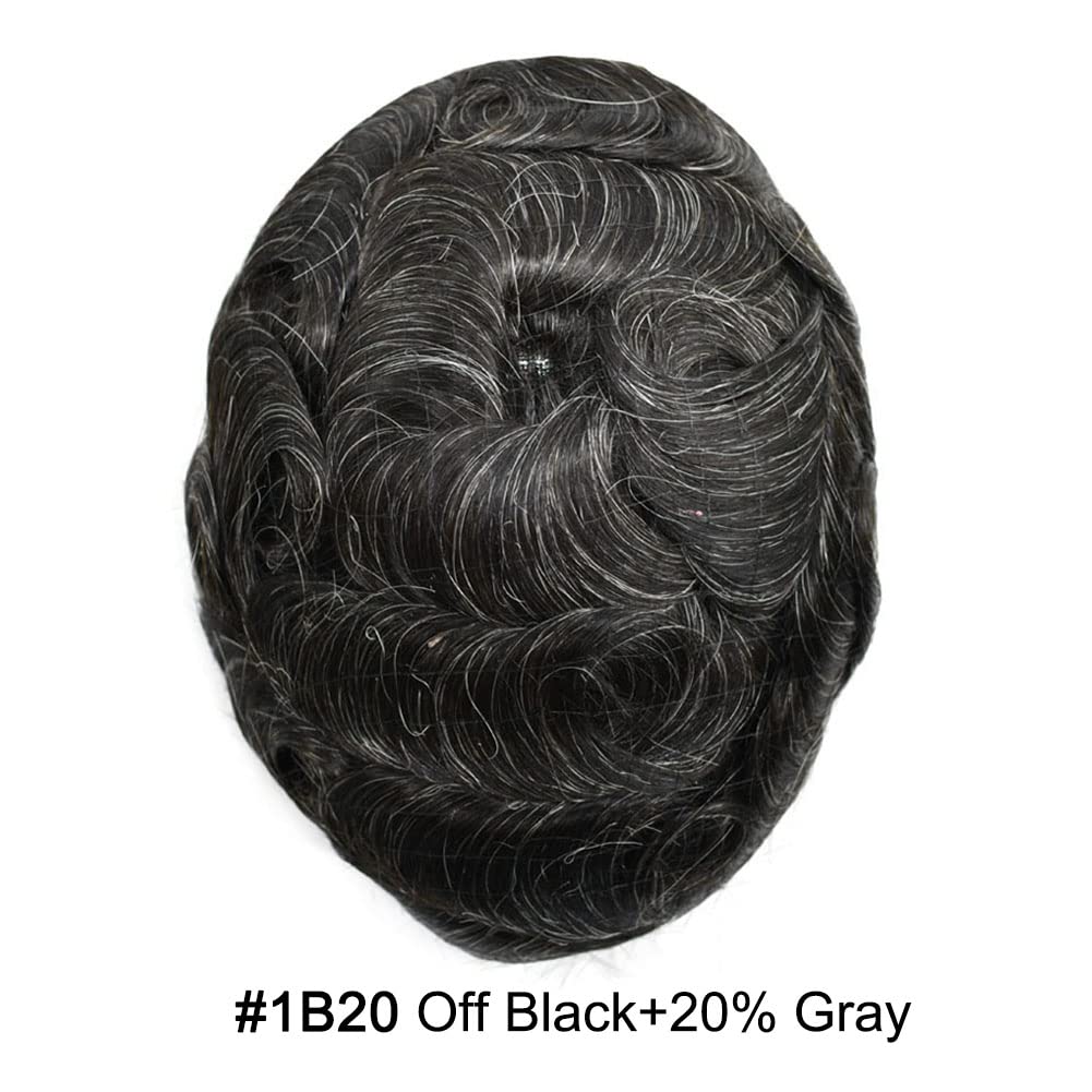 Curve Hair Mens Toupee Human Hair Piece Replacement System Monofilament Wig Hair Unit for Men Durable Poly Coated Mens Hairpiece (#1B20 Off Black+20% Gray, 6"X9")