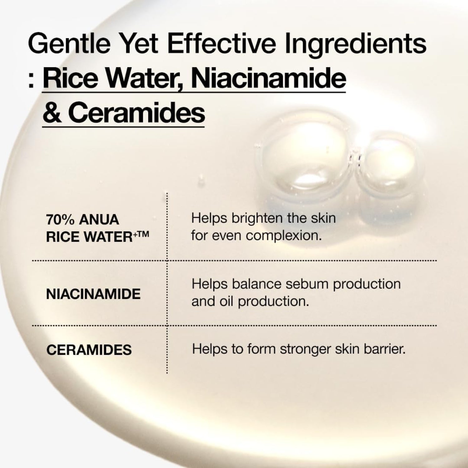 ANUA Rice 70 Glow Milky Toner in a clear glass bottle, featuring a milky texture, promoting dewy, hydrated, and barrier-boosted skin