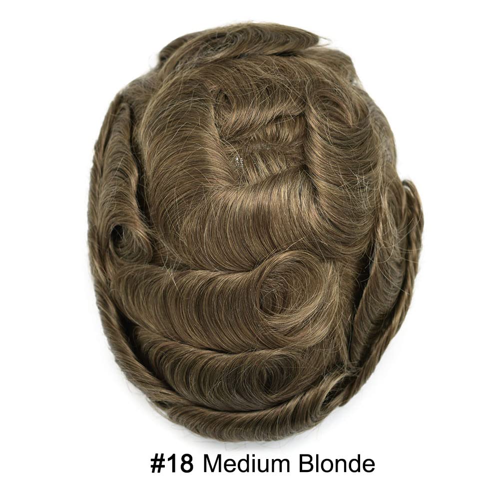 Curve Hair Mens Toupee Human Hair Piece Replacement System Monofilament Wig Hair Unit for Men Durable Poly Coated Mens Hairpiece (#18 Medium Blonde, 7"X10")