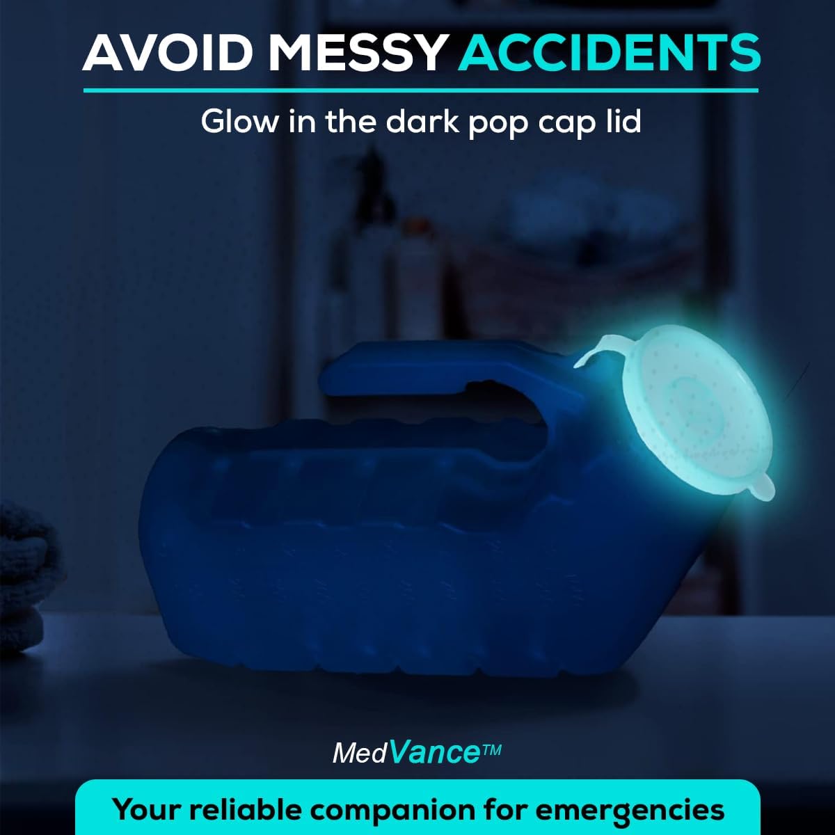 MedVance 1000ml portable men's urinal bottles, spill-proof with glow feature, shown in a two-pack for travel or outdoor use