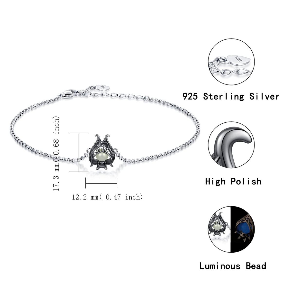Cute Bat Bracelet Sterling Silver Glowing in The Dark Animal - APOTIE Official Imagery - 7