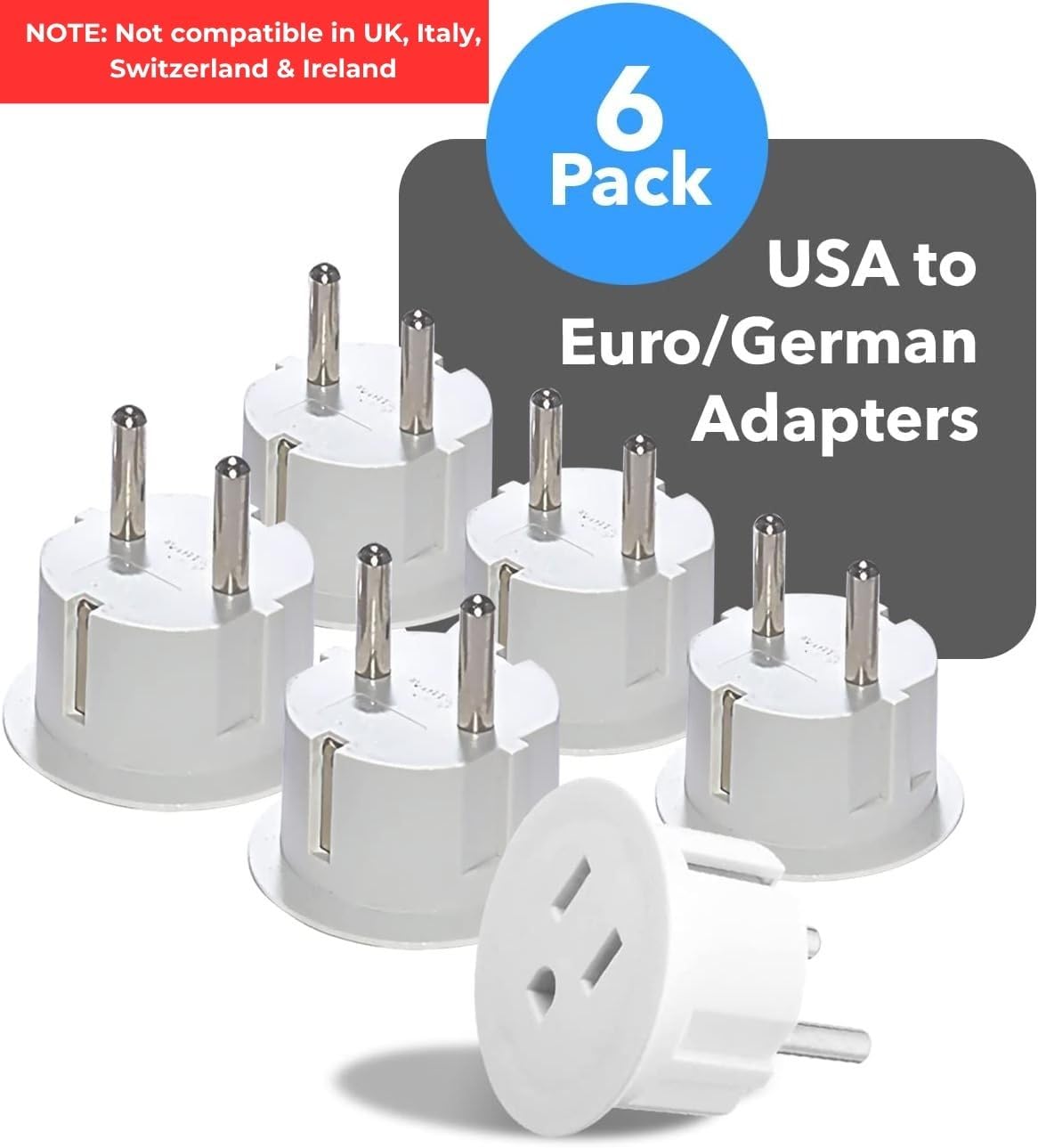 OREI American USA to European Type E/F Schuko plug adapters for Germany, France, and more, shown in a 6-pack.
