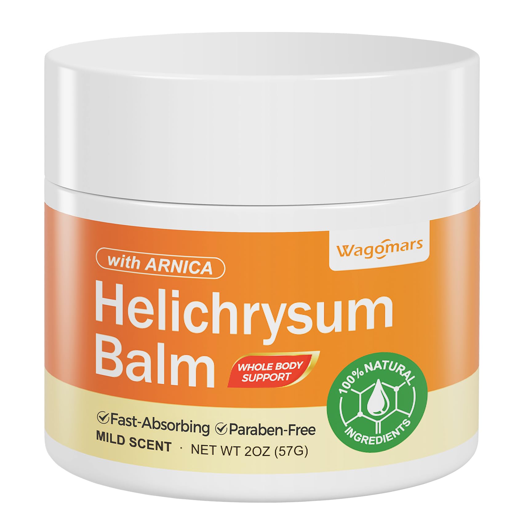 Wagomars Helichrysum Balm for natural skin repair and renewal, showing a jar of skin care balm with fresh herbs.