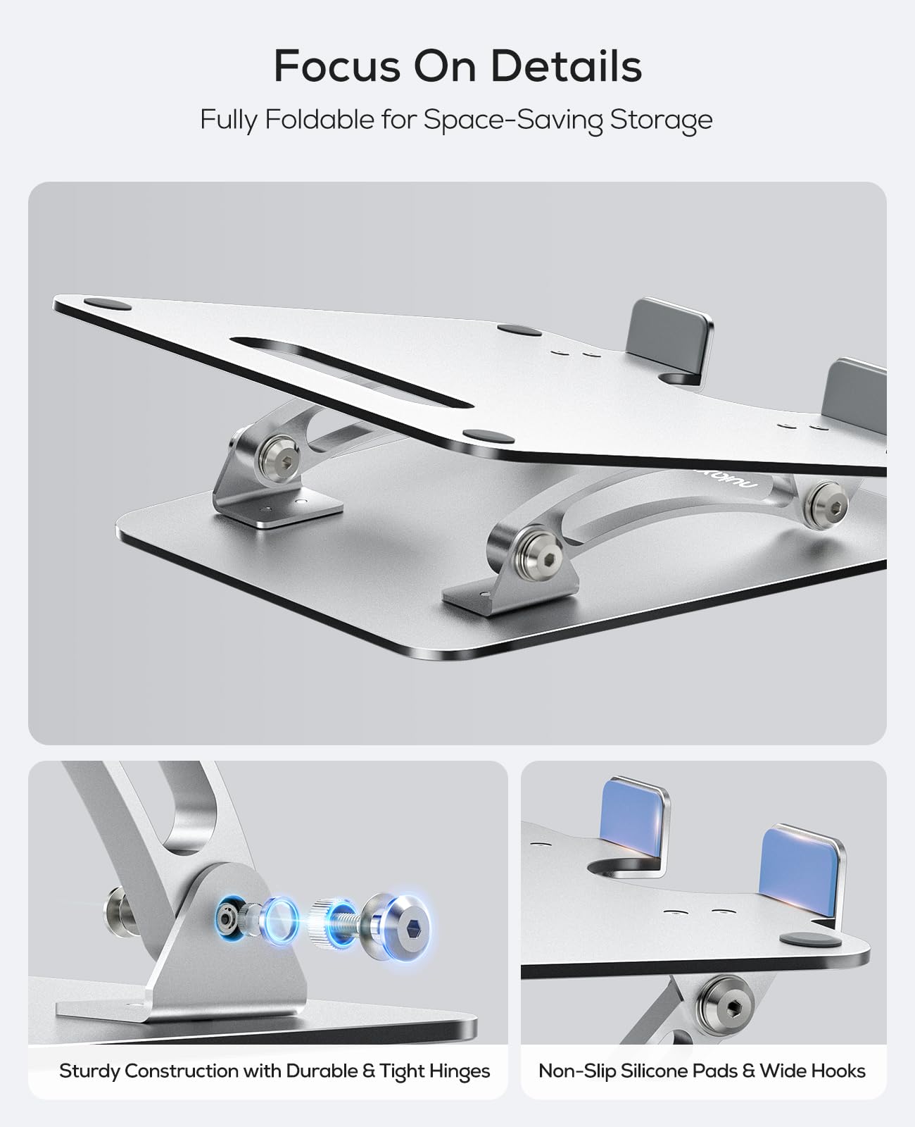 Nulaxy ergonomic adjustable laptop stand for desks with heat vents, foldable design, suitable for Mac laptops 10-17 inches.