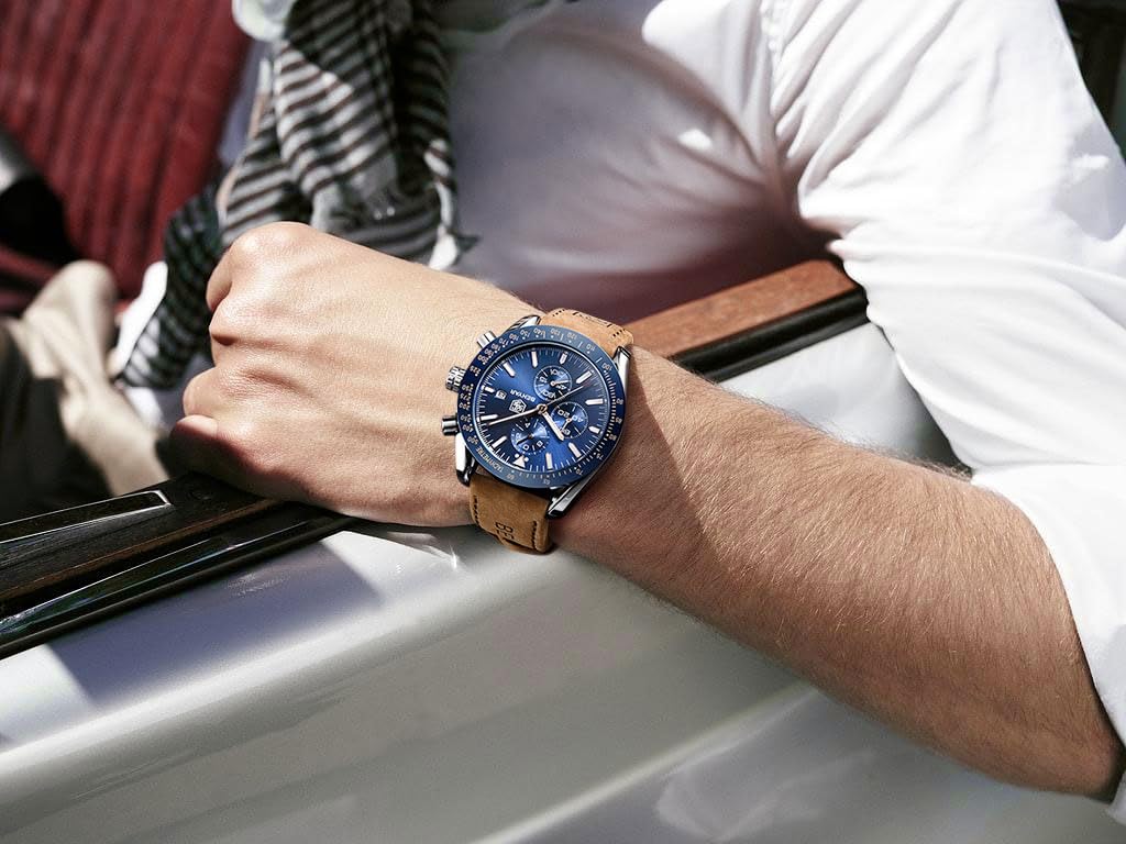 BENYAR men's chronograph watch with quartz movement and luminous dial, featuring a sleek design and stainless steel band.