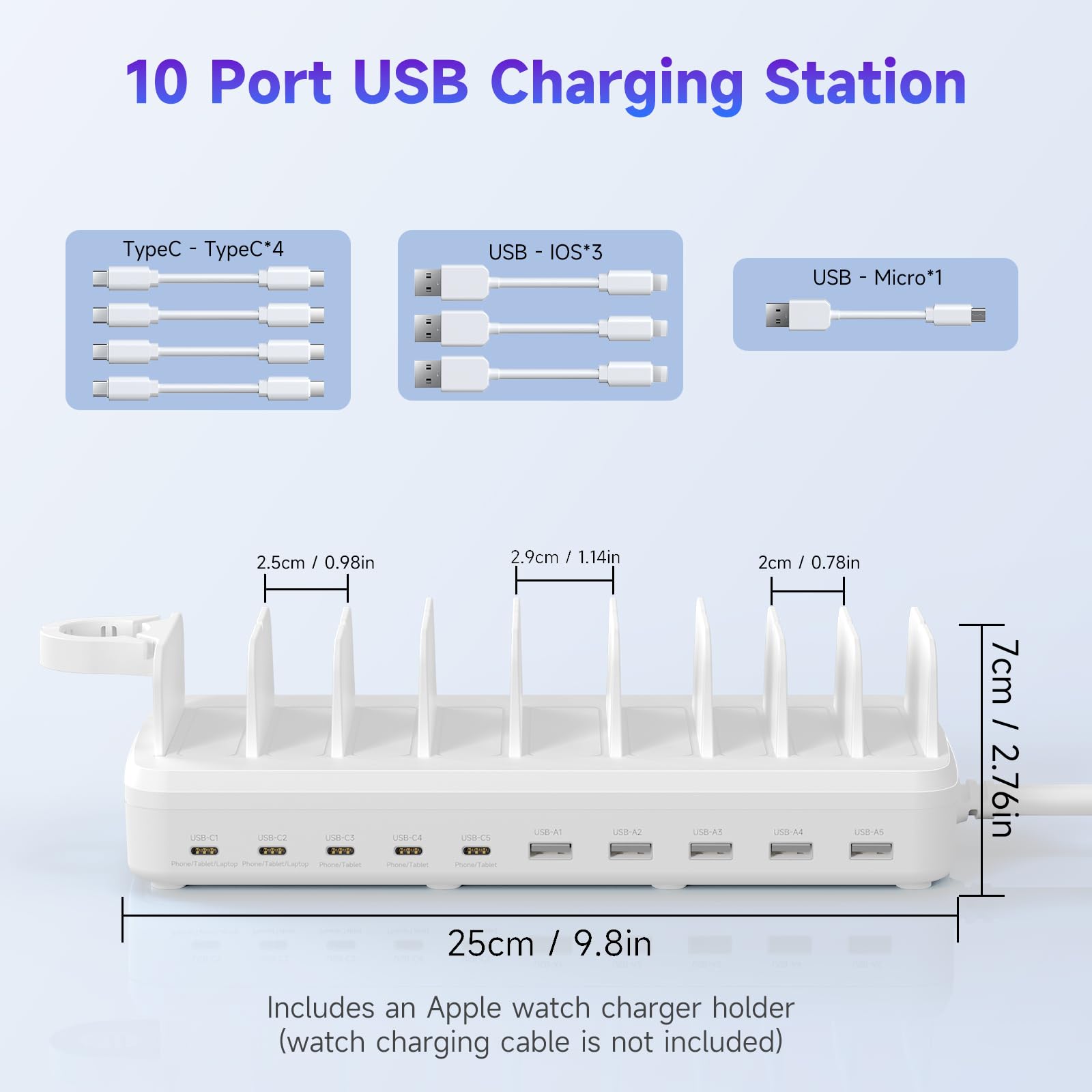 320W Charging Station for Multiple Devices, 10 Ports Fast Multi-Device Charger Organizer Compatible with MacBook Pro Laptop, iPhone, Android, Ipad, Tablet, Kindle, Family Multi-Device Charging Dock
