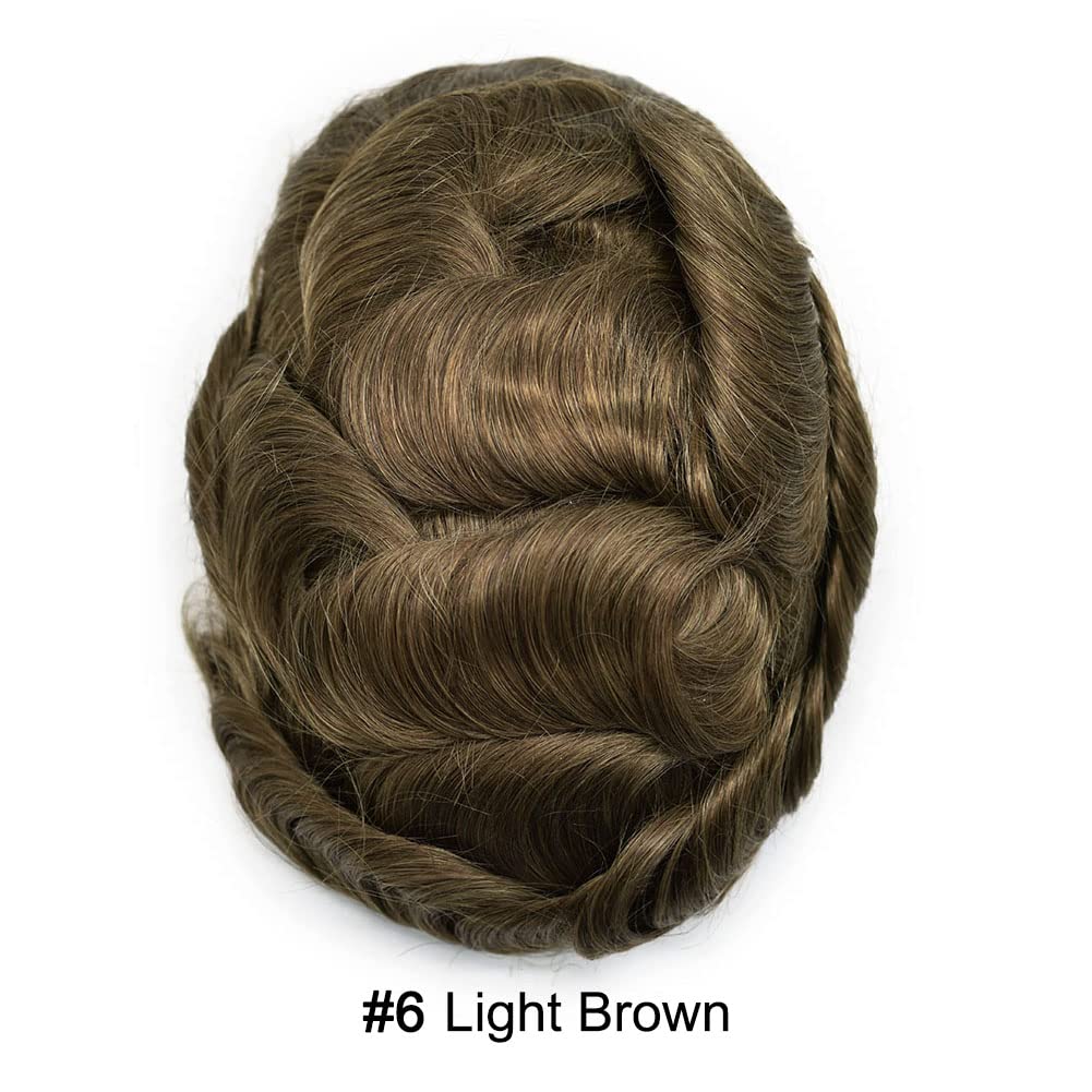 Curve Hair Mens Toupee Human Hair Piece Replacement System Monofilament Wig Hair Unit for Men Durable Poly Coated Mens Hairpiece (#6 Light Brown, 6"X8")