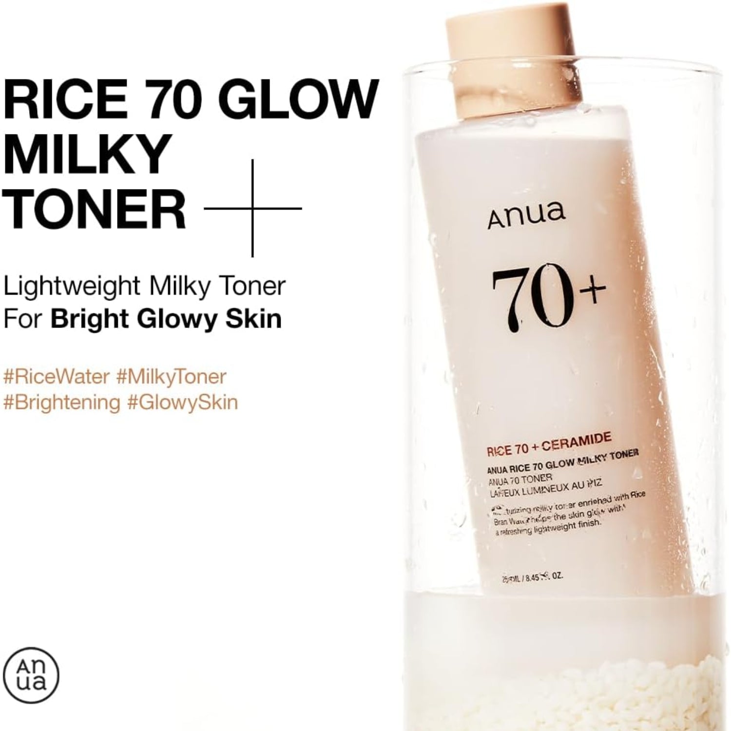 ANUA Rice 70 Glow Milky Toner in a clear glass bottle, showing a hydrating, dewy skin toner with barrier care benefits.