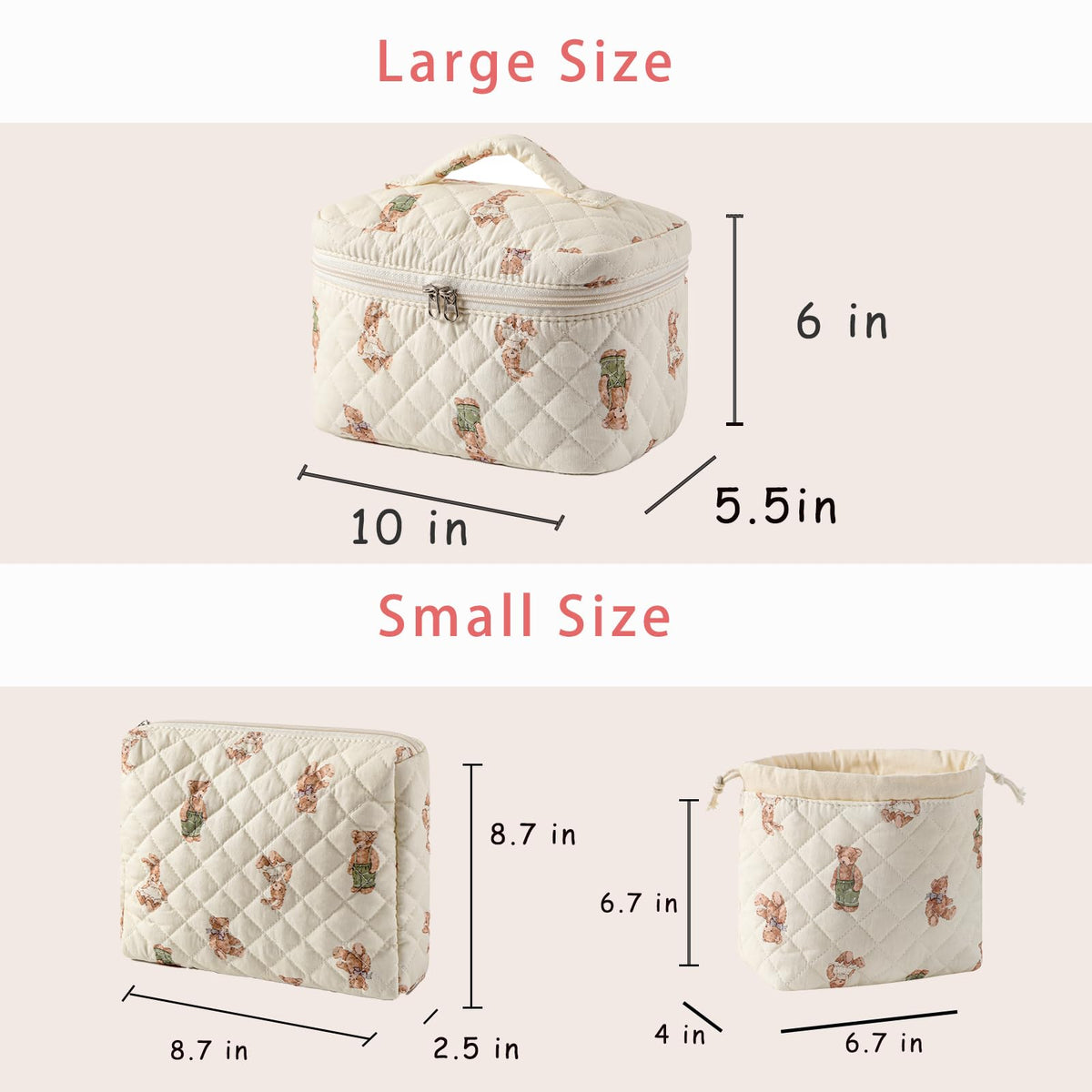 3pcs Large Cotton Quilted Makeup Bag Set Coquette Aesthetic - uekeboag Official Imagery - 4